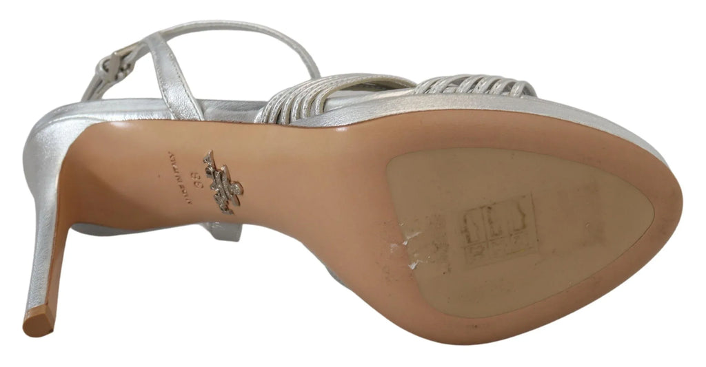 Prada Silver Leather Sandals Ankle Strap Heels Stiletto - Zeiniez