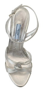 Prada Silver Leather Sandals Ankle Strap Heels Stiletto - Zeiniez