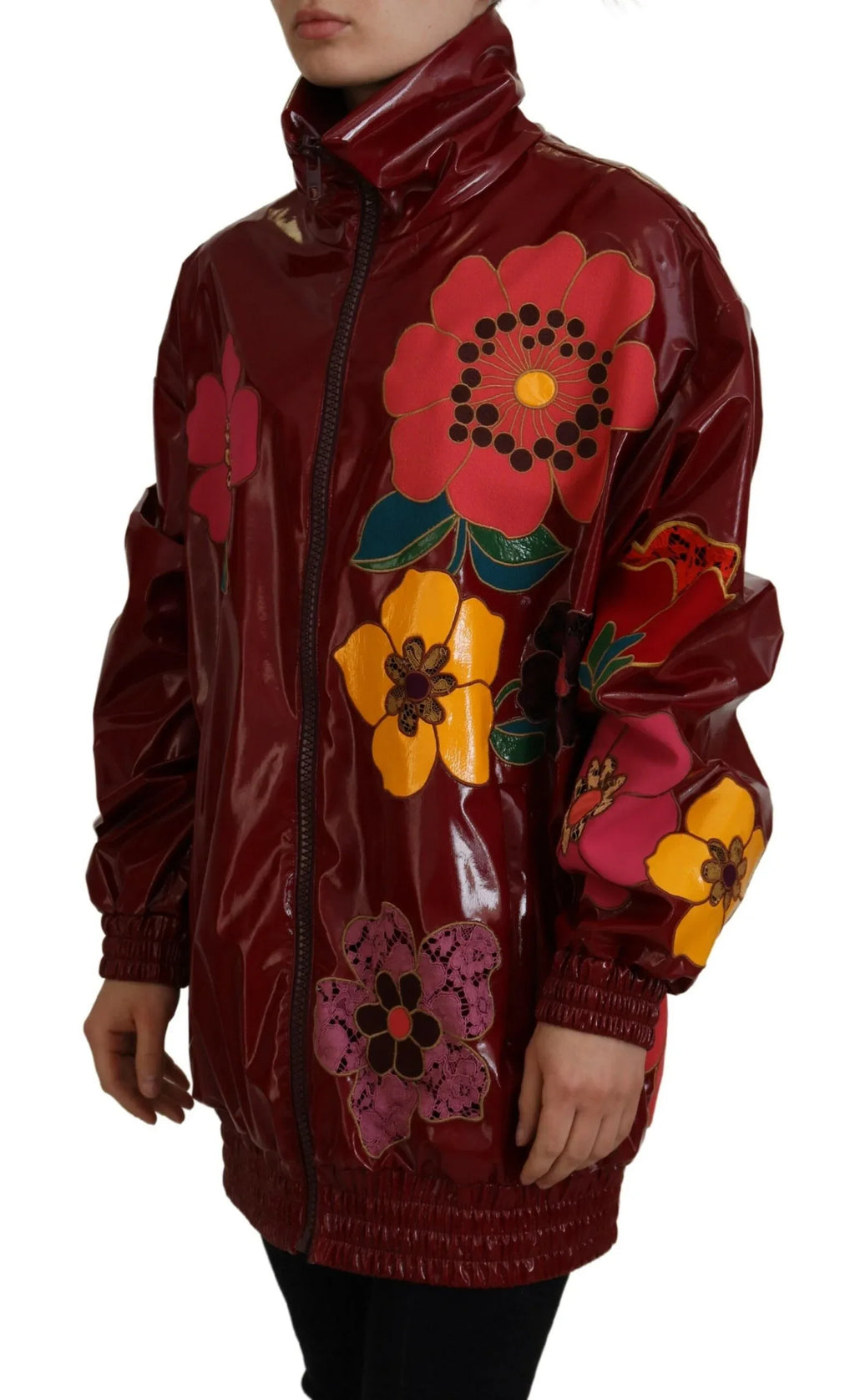 Dolce & Gabbana Maroon Floral Full Zip Polyester Women Jacket - Zeiniez