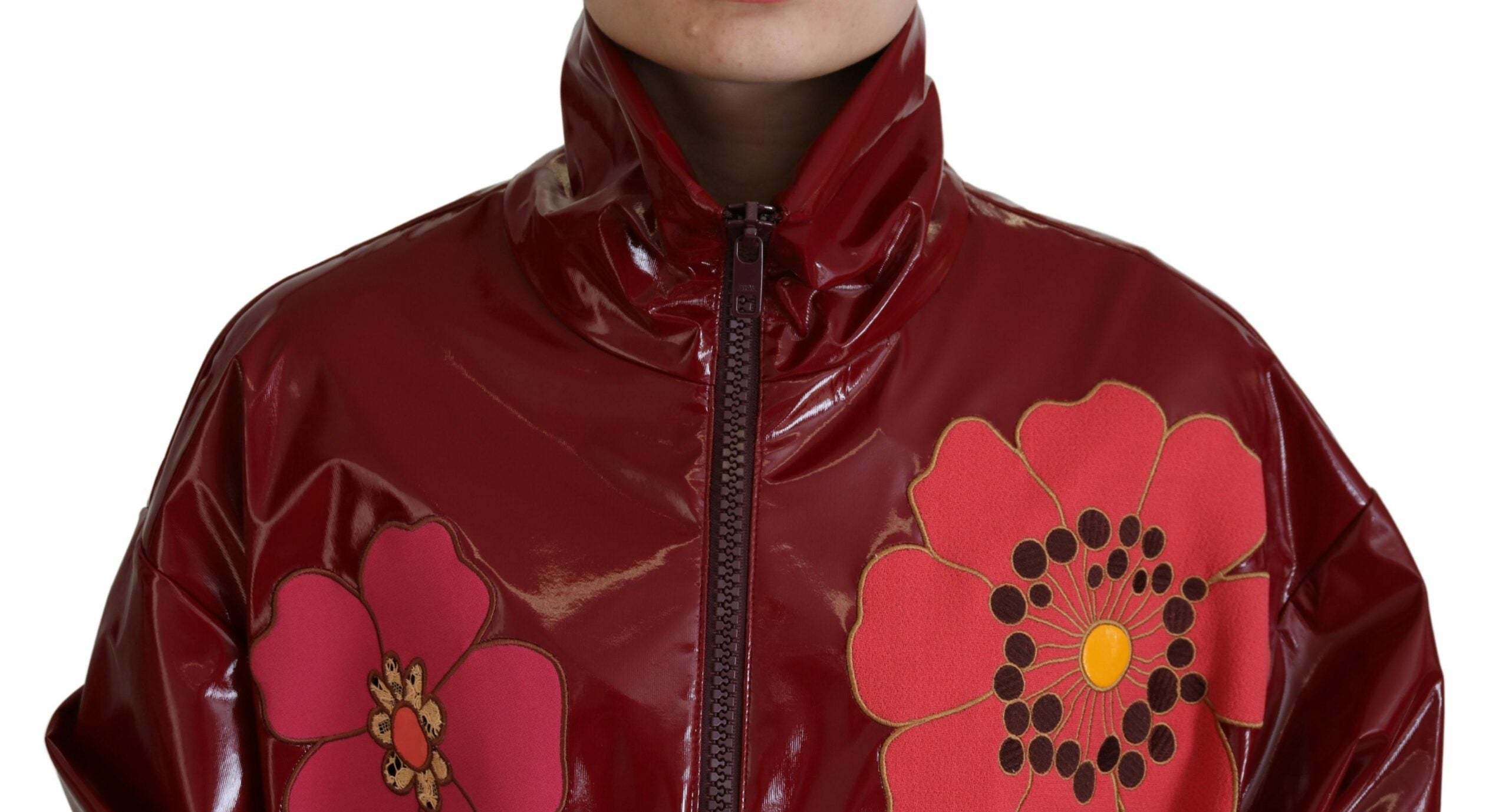 Dolce & Gabbana Maroon Floral Full Zip Polyester Women Jacket - Zeiniez