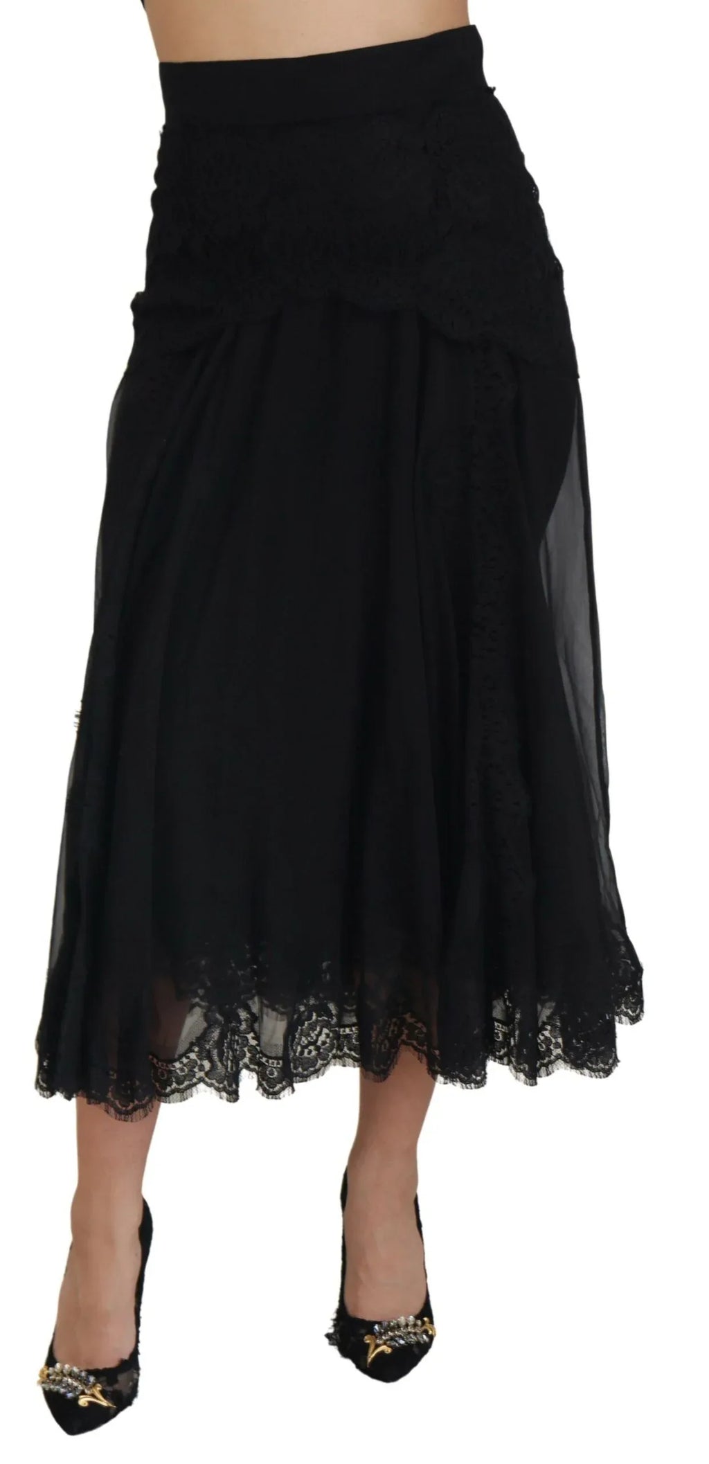 Dolce & Gabbana Black Silk Lace Trim High Waist Midi Skirt - Zeiniez