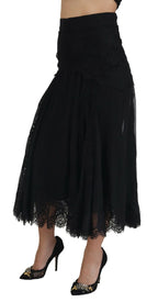 Dolce & Gabbana Black Silk Lace Trim High Waist Midi Skirt - Zeiniez