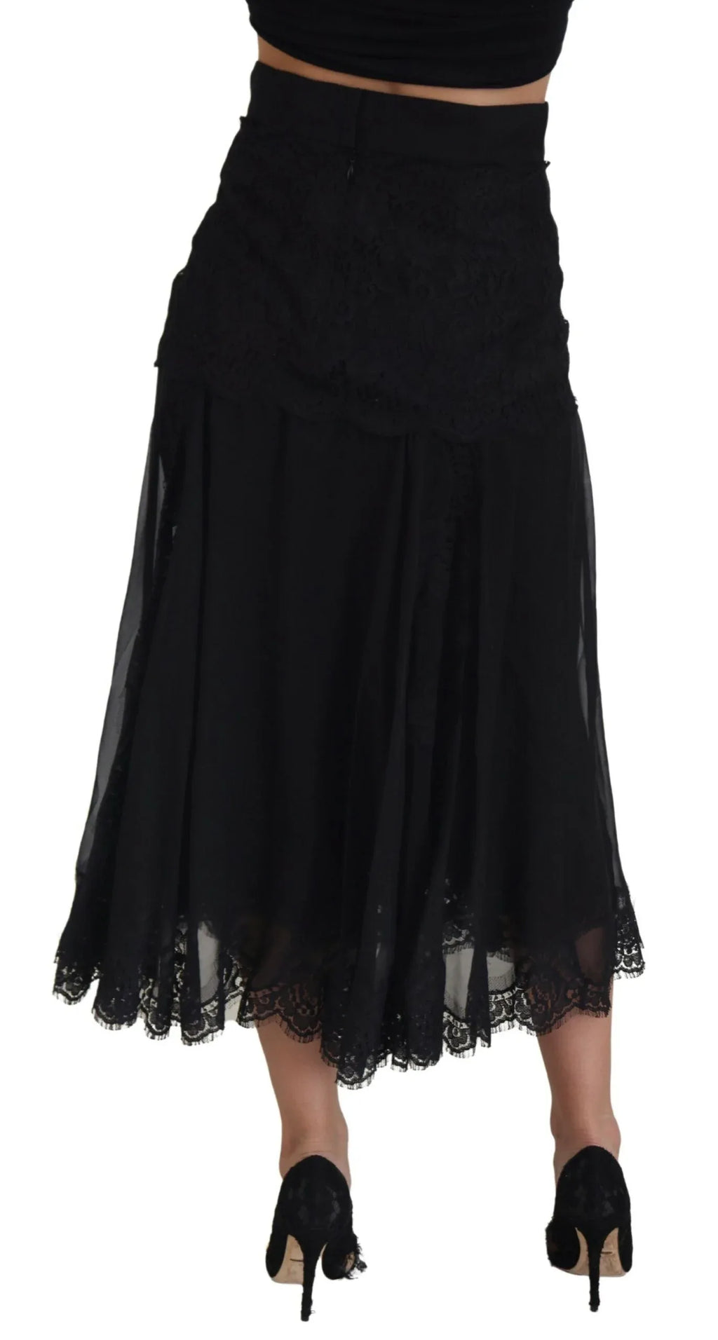 Dolce & Gabbana Black Silk Lace Trim High Waist Midi Skirt - Zeiniez