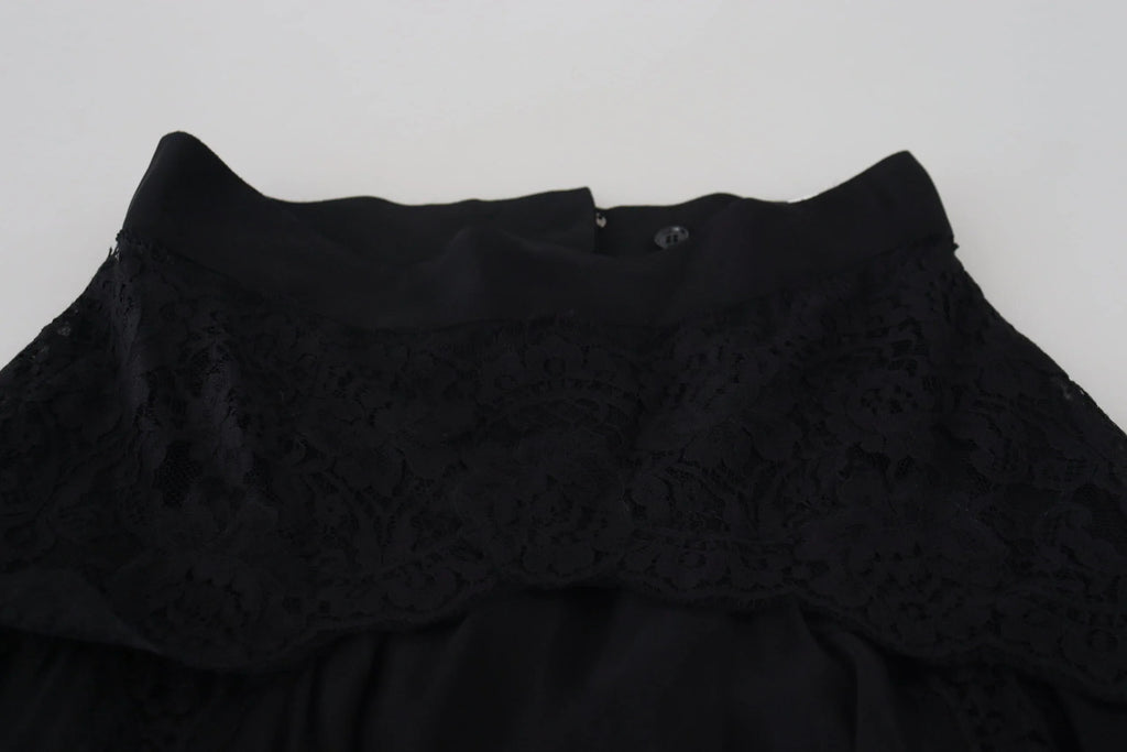 Dolce & Gabbana Black Silk Lace Trim High Waist Midi Skirt - Zeiniez