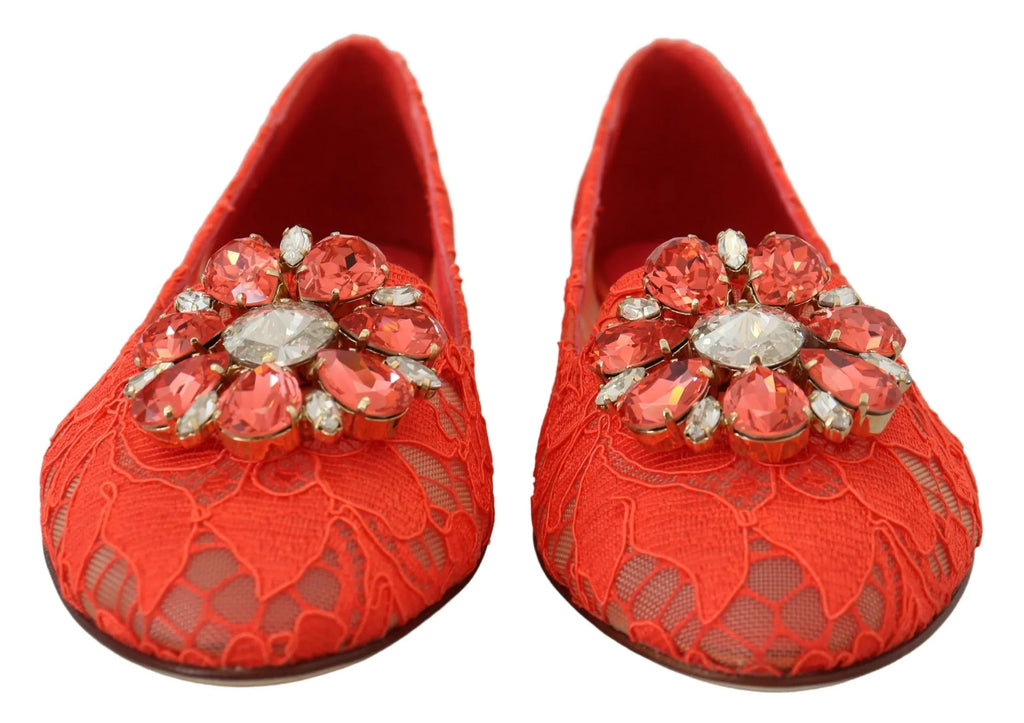 Dolce & Gabbana Red Taormina Lace Crystals Ballet Flats Shoes - Zeiniez