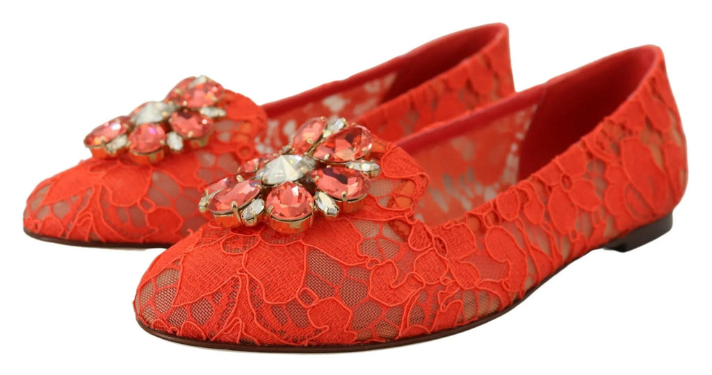 Dolce & Gabbana Red Taormina Lace Crystals Ballet Flats Shoes - Zeiniez