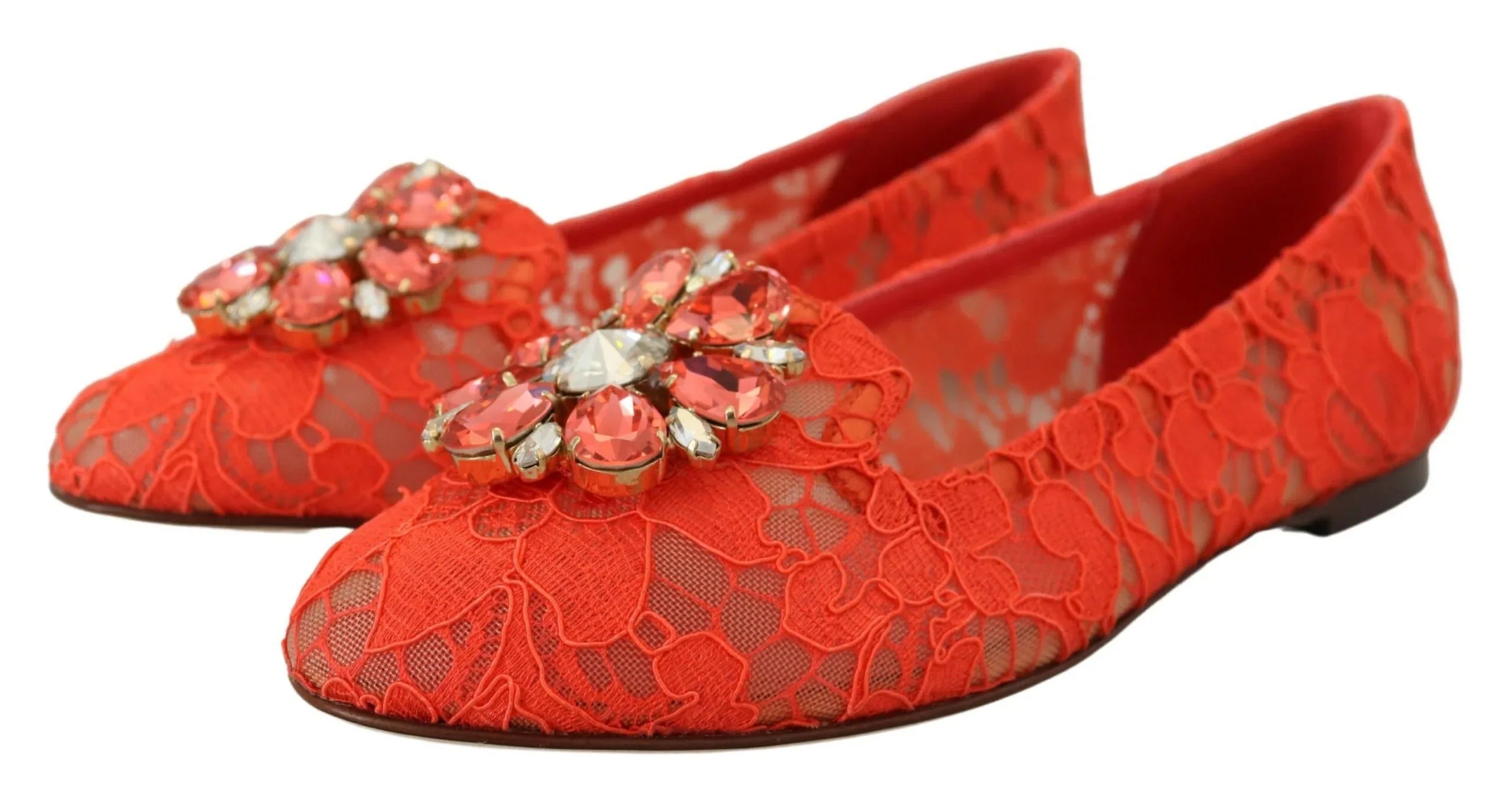 Dolce & Gabbana Red Taormina Lace Crystals Ballet Flats Shoes - Zeiniez