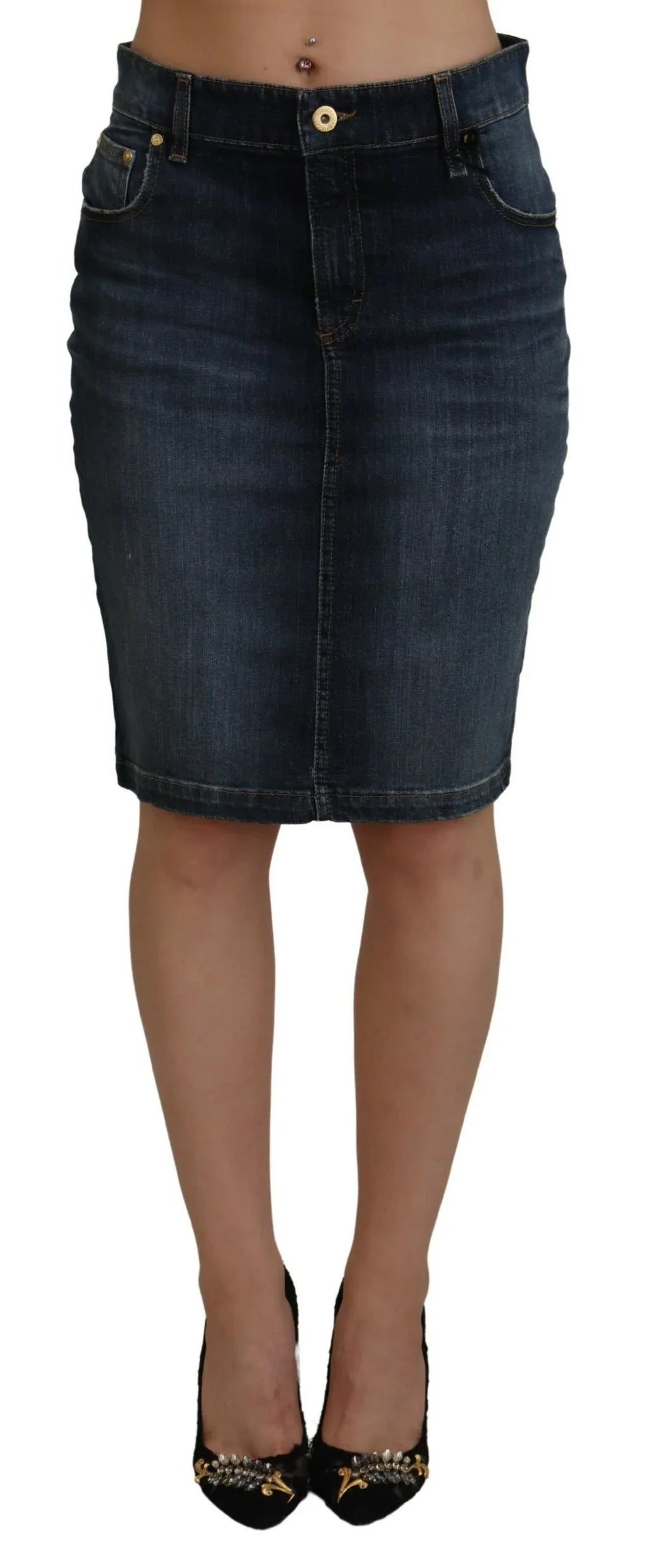 Fiorucci Dark Blue Washed Mid Waist Pencil Cut Denim Skirt - Zeiniez