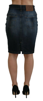 Fiorucci Dark Blue Washed Mid Waist Pencil Cut Denim Skirt - Zeiniez