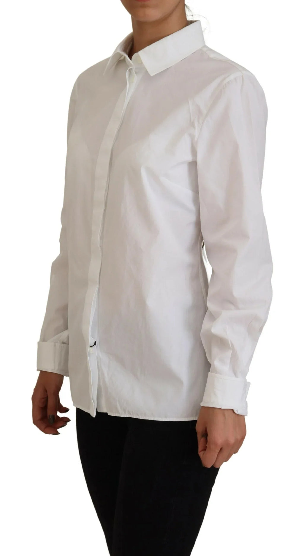 Dolce & Gabbana White Cotton Collared Long Sleeves Formal Top - Zeiniez
