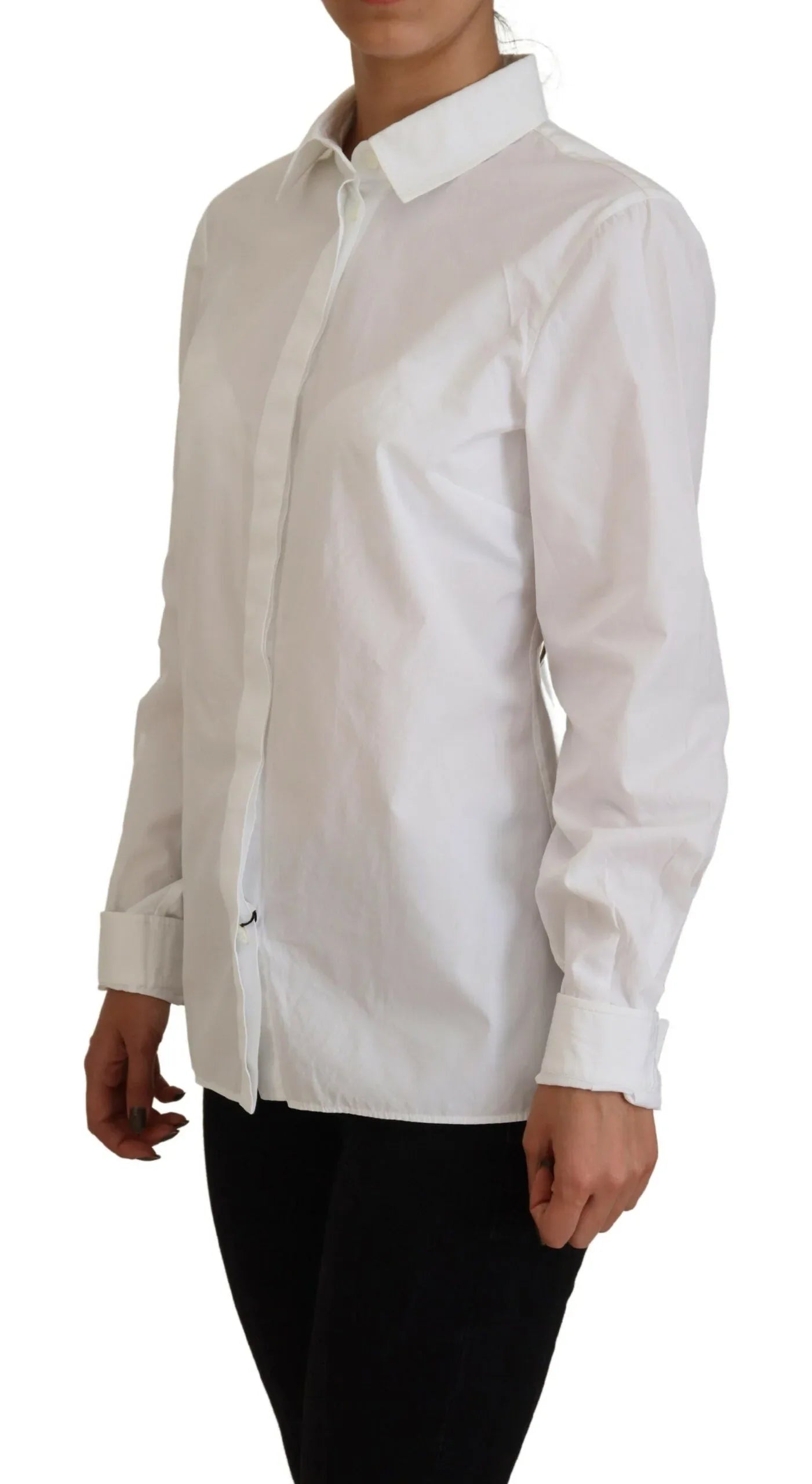 Dolce & Gabbana White Cotton Collared Long Sleeves Formal Top - Zeiniez