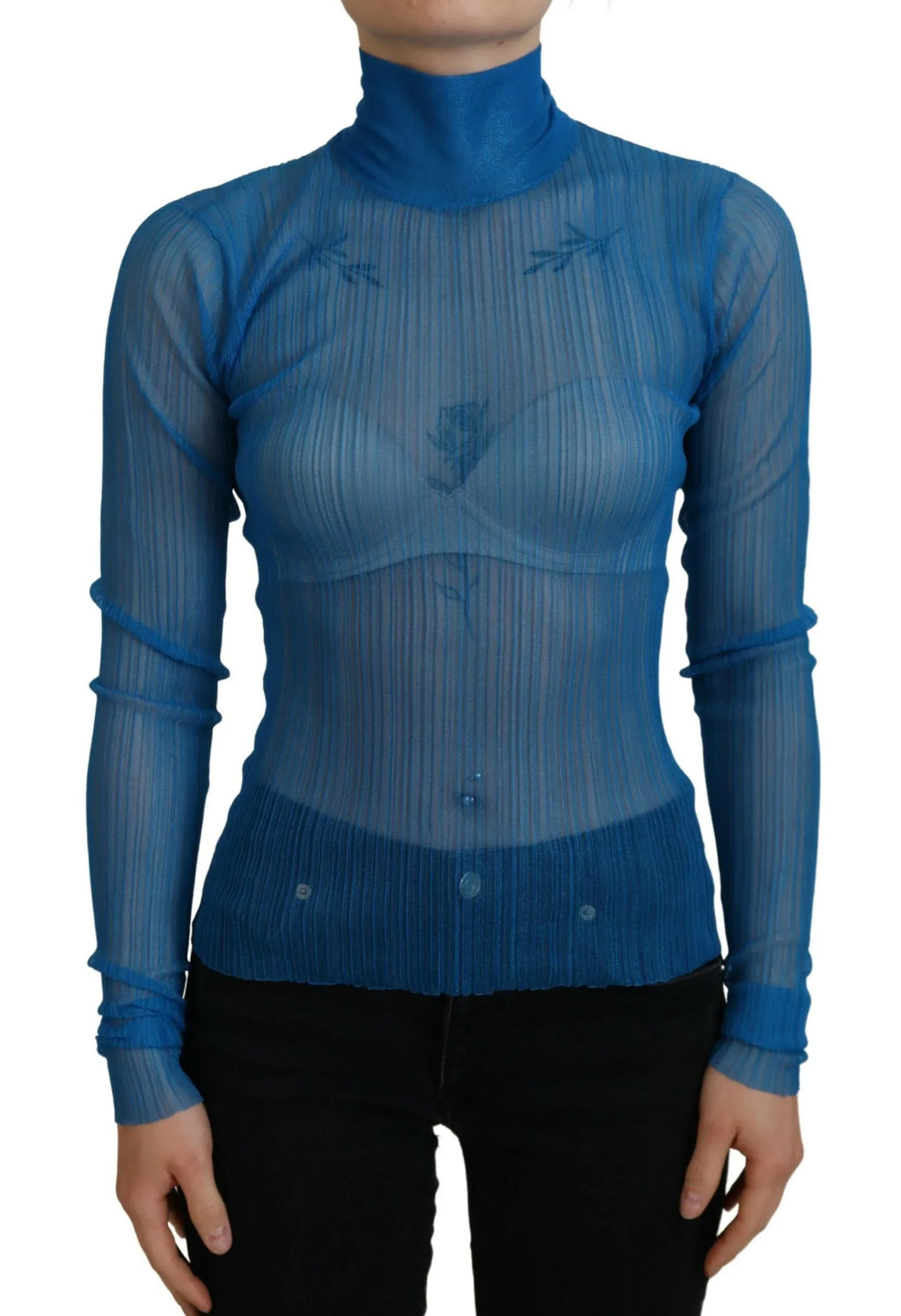 Dolce & Gabbana Blue Mesh Turtleneck Long Sleeve Blouse Top - Zeiniez