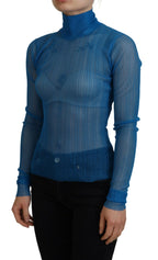 Dolce & Gabbana Blue Mesh Turtleneck Long Sleeve Blouse Top - Zeiniez