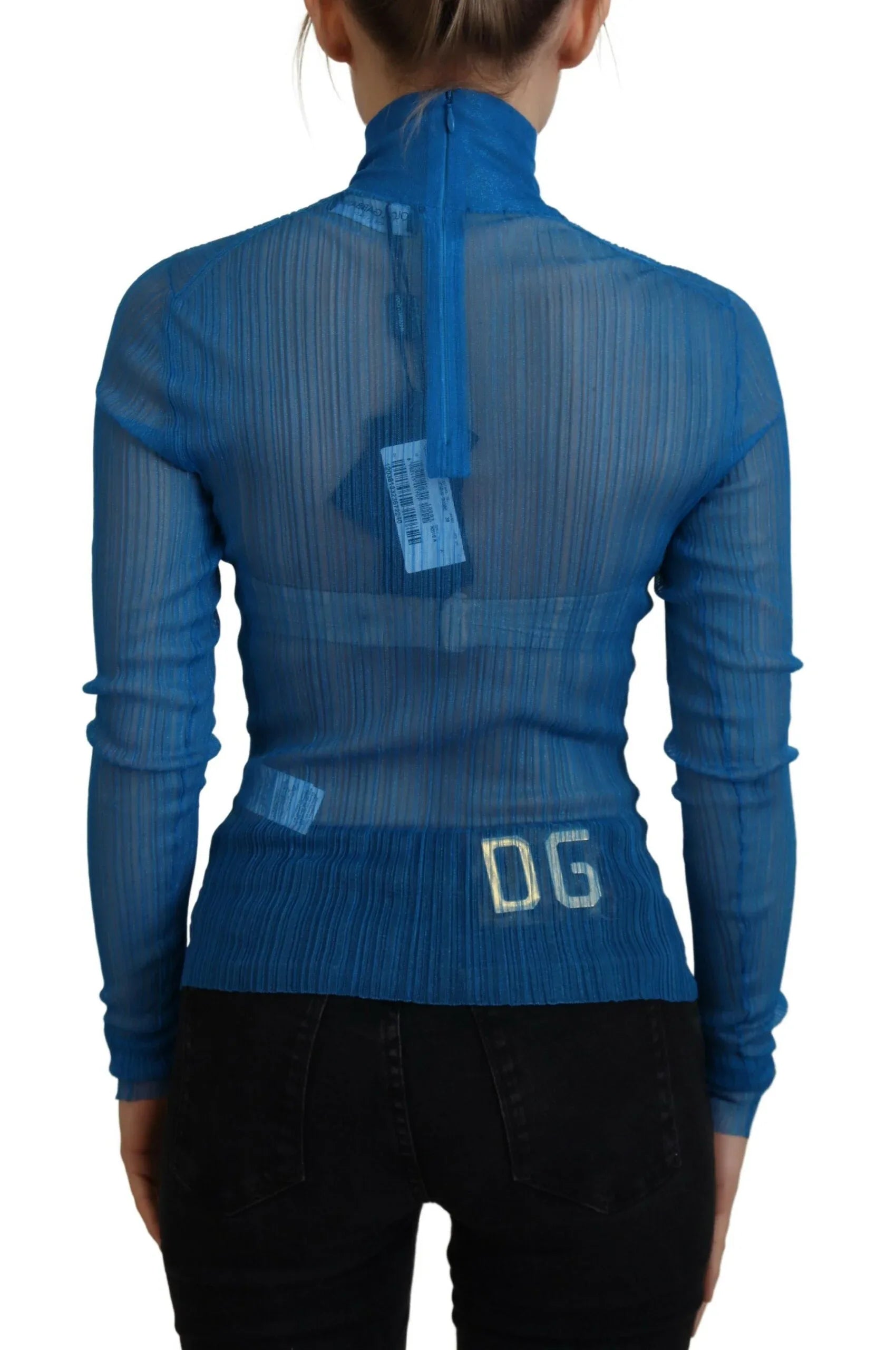 Dolce & Gabbana Blue Mesh Turtleneck Long Sleeve Blouse Top - Zeiniez
