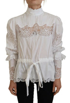 Dolce & Gabbana White Cotton Lace Trim Turtle Neck Blouse Top - Zeiniez