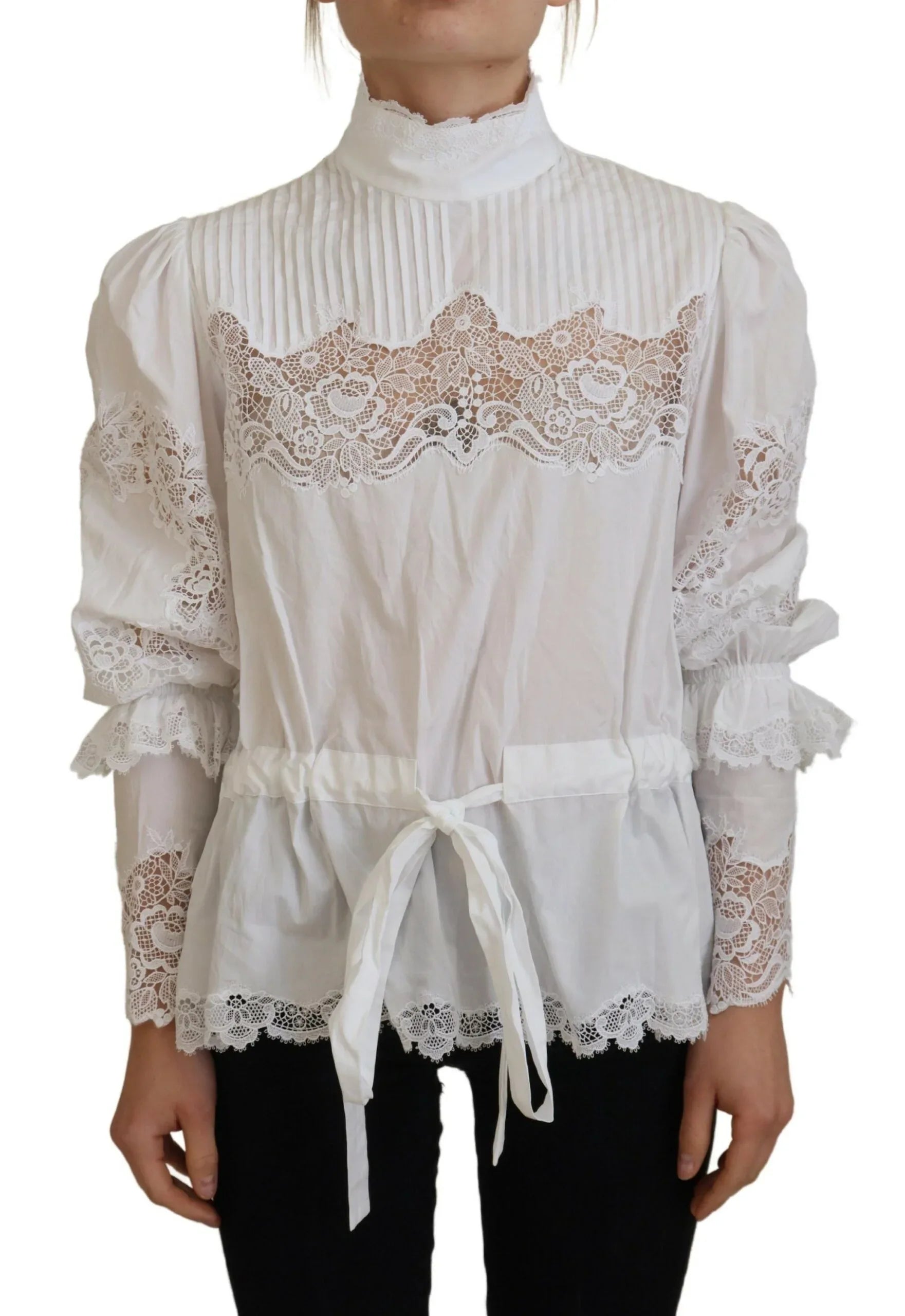 Dolce & Gabbana White Cotton Lace Trim Turtle Neck Blouse Top - Zeiniez