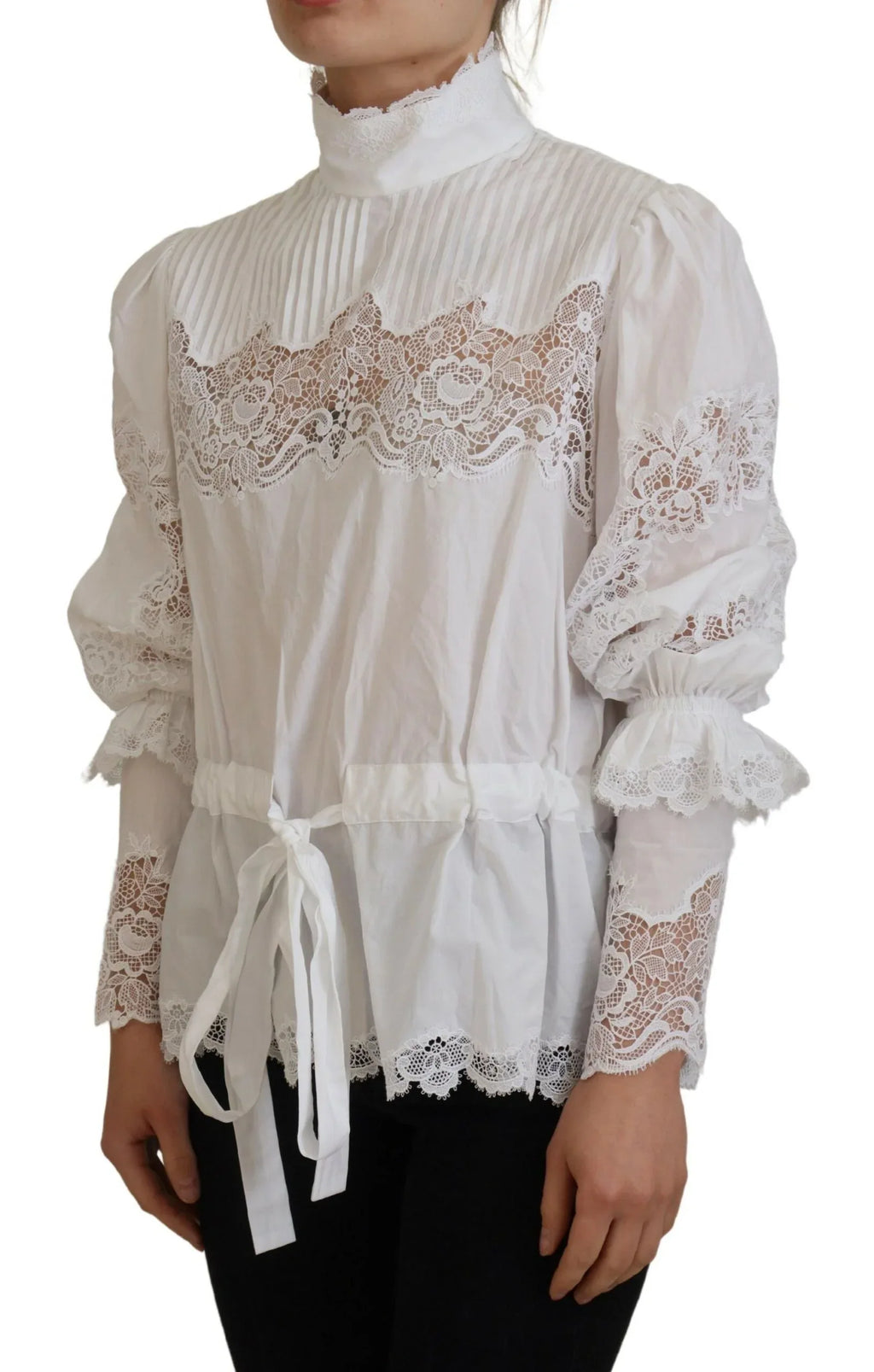 Dolce & Gabbana White Cotton Lace Trim Turtle Neck Blouse Top - Zeiniez