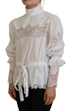 Dolce & Gabbana White Cotton Lace Trim Turtle Neck Blouse Top - Zeiniez