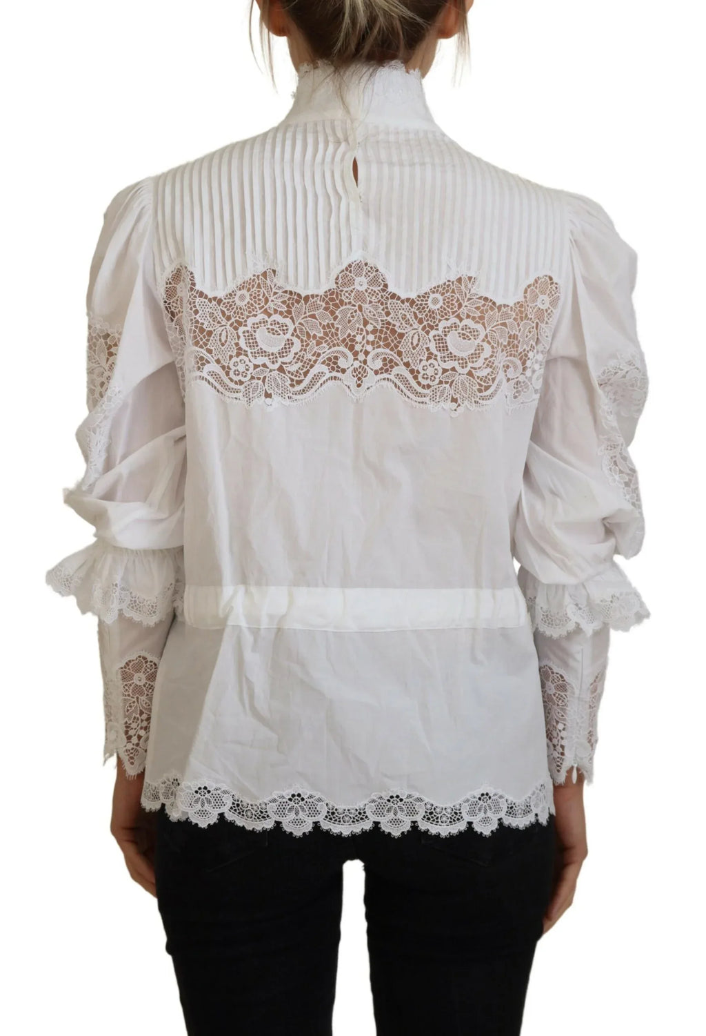 Dolce & Gabbana White Cotton Lace Trim Turtle Neck Blouse Top - Zeiniez