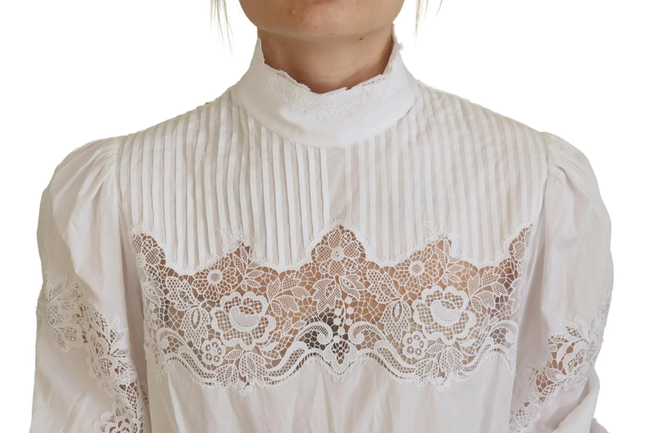 Dolce & Gabbana White Cotton Lace Trim Turtle Neck Blouse Top - Zeiniez