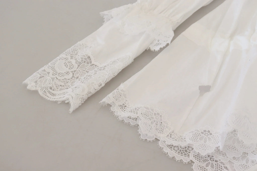 Dolce & Gabbana White Cotton Lace Trim Turtle Neck Blouse Top - Zeiniez