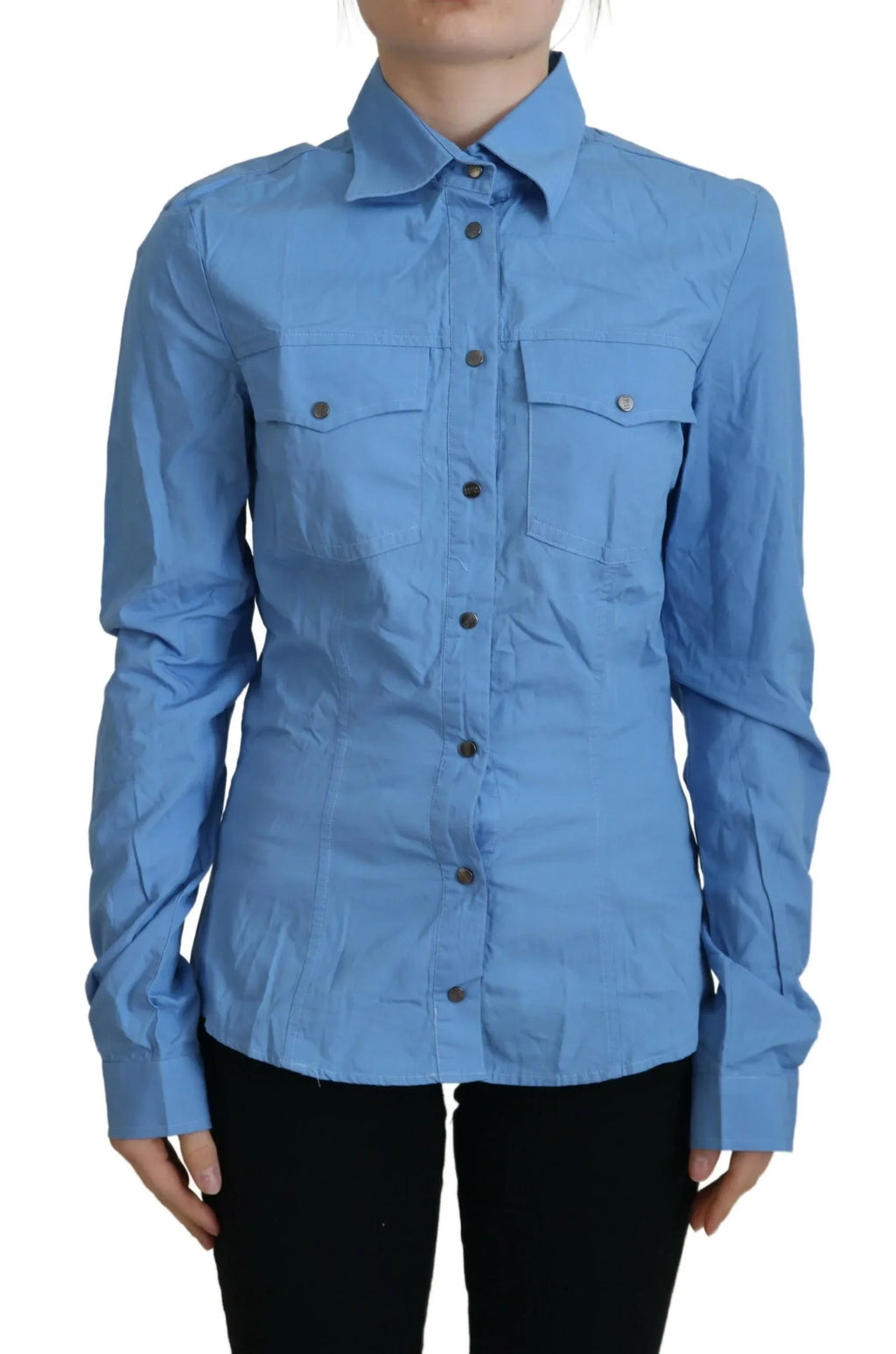 Ferre Blue Cotton Long Sleeves Collared Button Down Top - Zeiniez