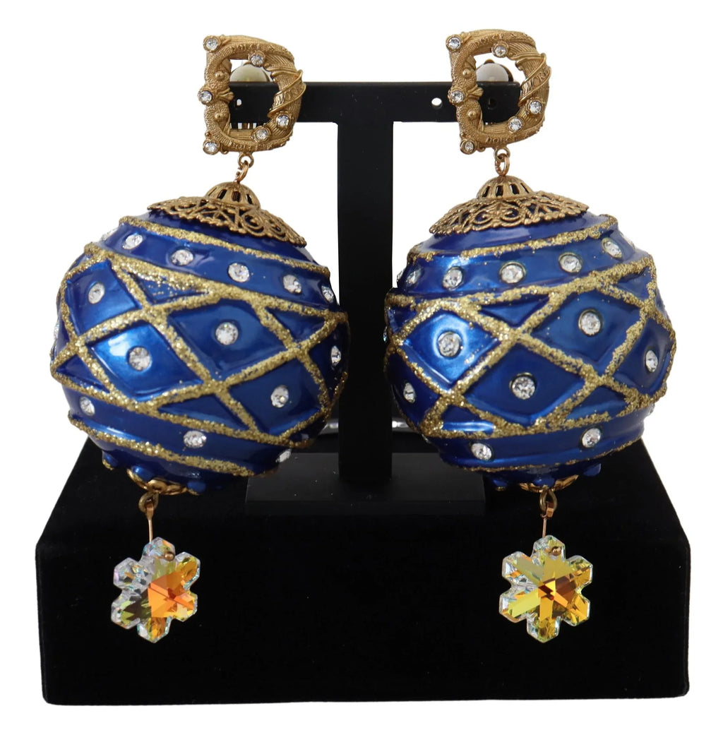 Dolce & Gabbana Gold Brass Blue Dangle Ball Crystal Clip On Earrings - Zeiniez