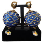 Dolce & Gabbana Gold Brass Blue Dangle Ball Crystal Clip On Earrings - Zeiniez