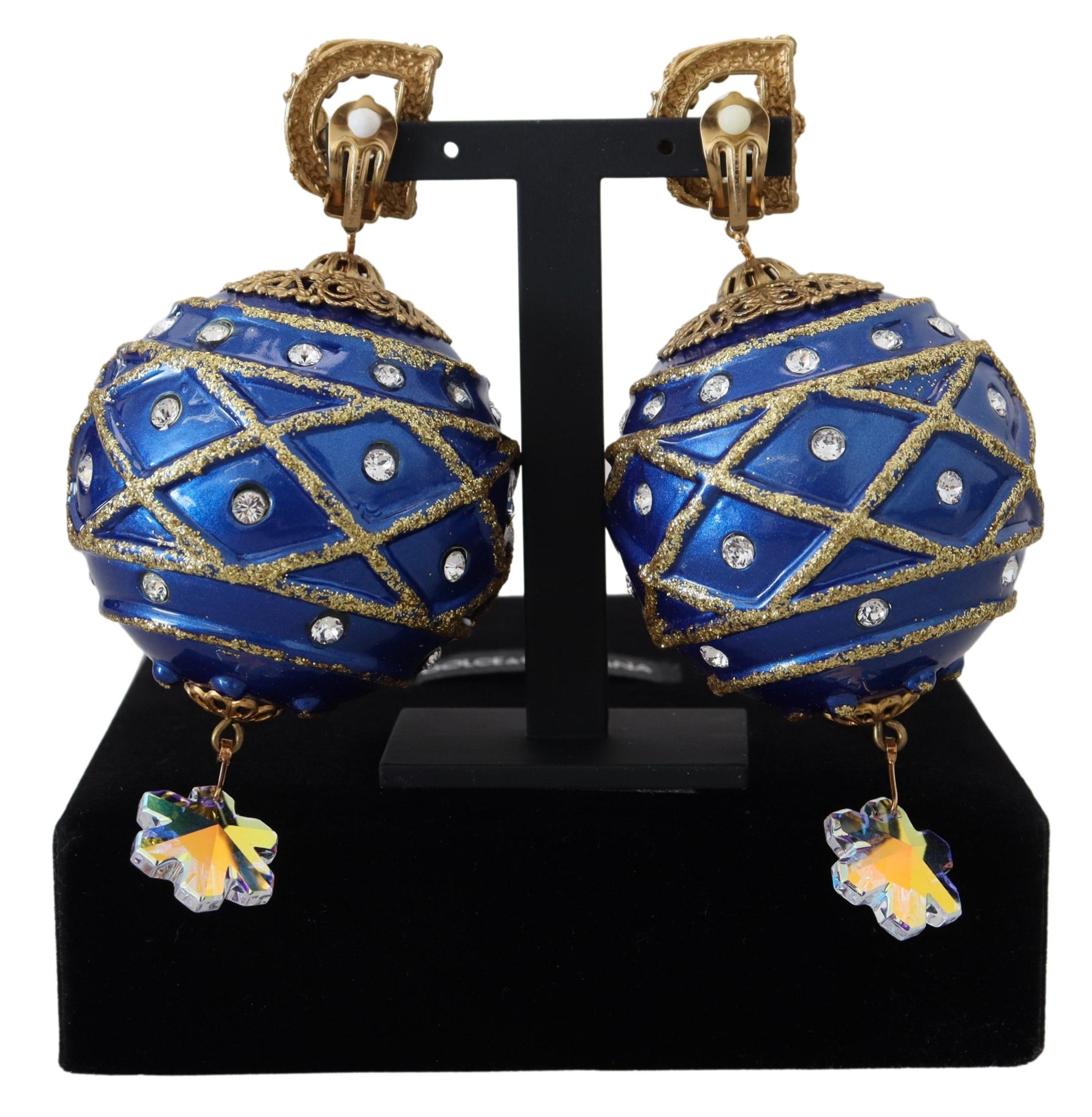 Dolce & Gabbana Gold Brass Blue Dangle Ball Crystal Clip On Earrings - Zeiniez