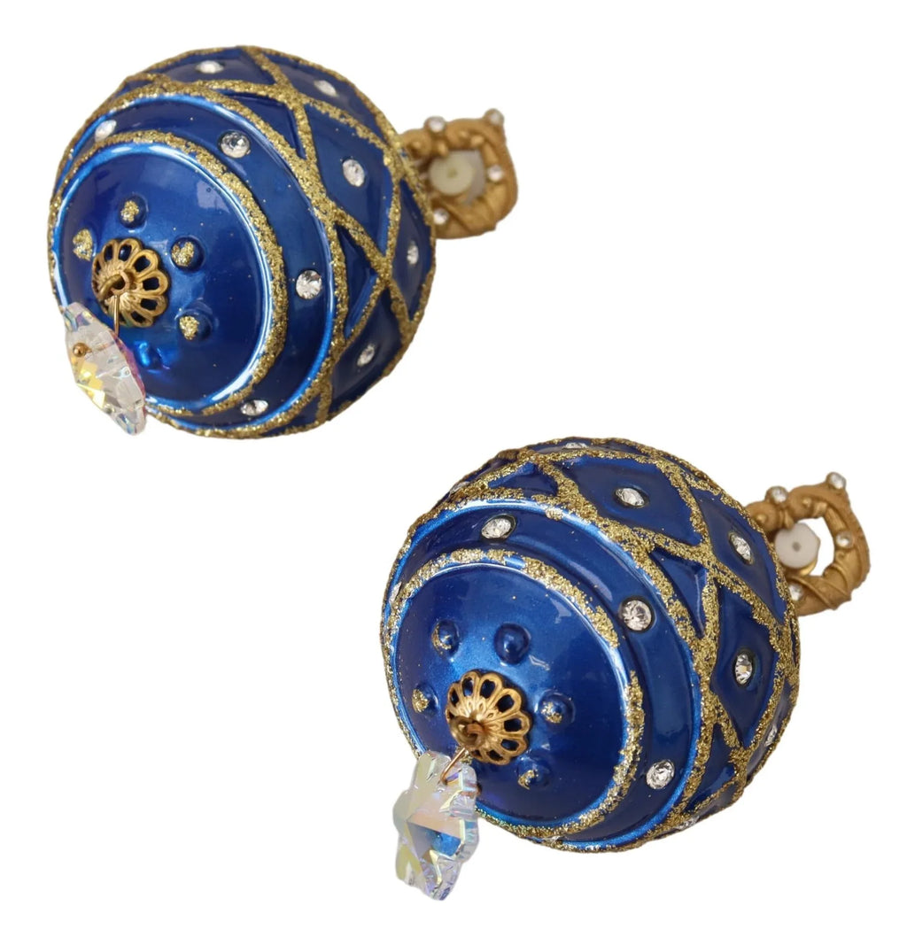 Dolce & Gabbana Gold Brass Blue Dangle Ball Crystal Clip On Earrings - Zeiniez