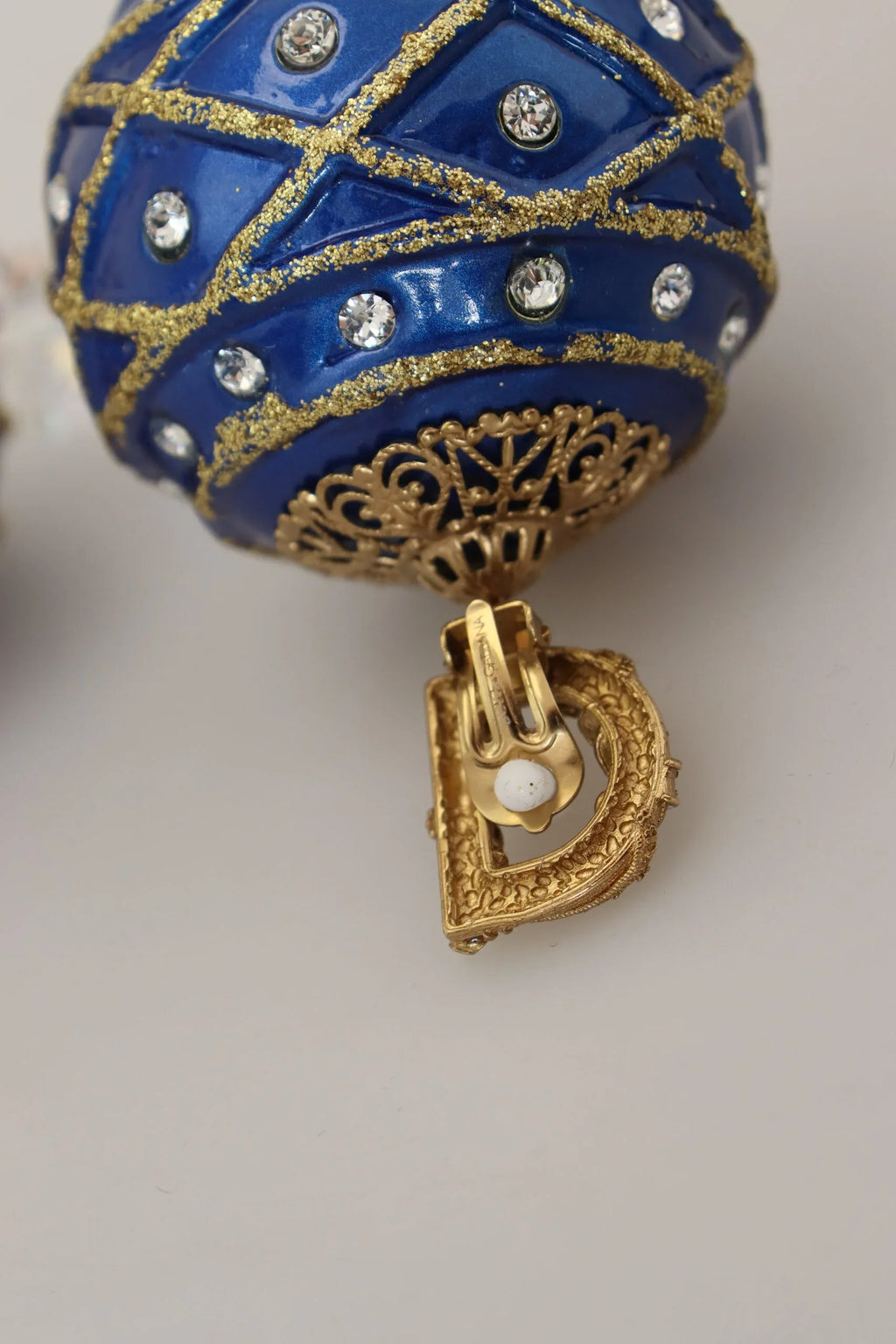 Dolce & Gabbana Gold Brass Blue Dangle Ball Crystal Clip On Earrings - Zeiniez