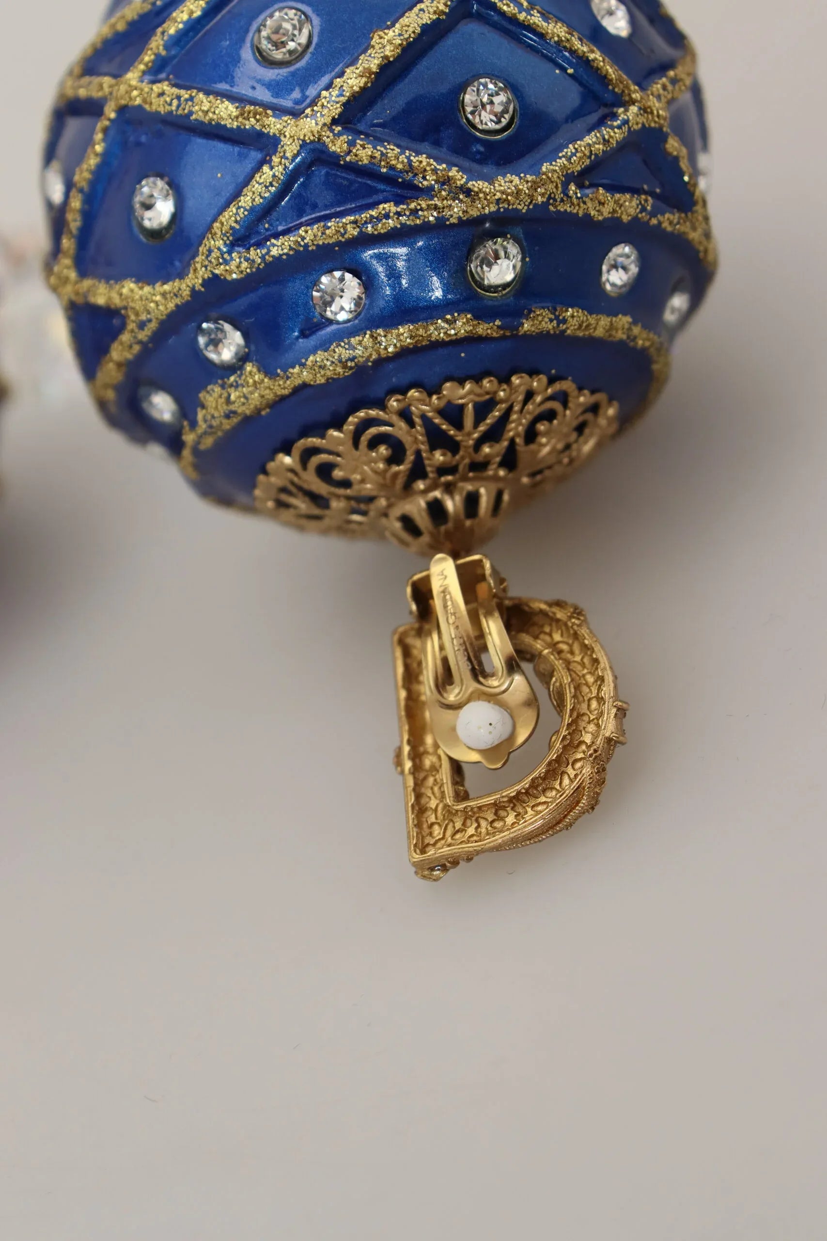 Dolce & Gabbana Gold Brass Blue Dangle Ball Crystal Clip On Earrings - Zeiniez