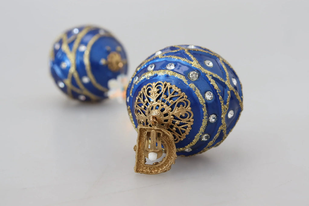 Dolce & Gabbana Gold Brass Blue Dangle Ball Crystal Clip On Earrings - Zeiniez