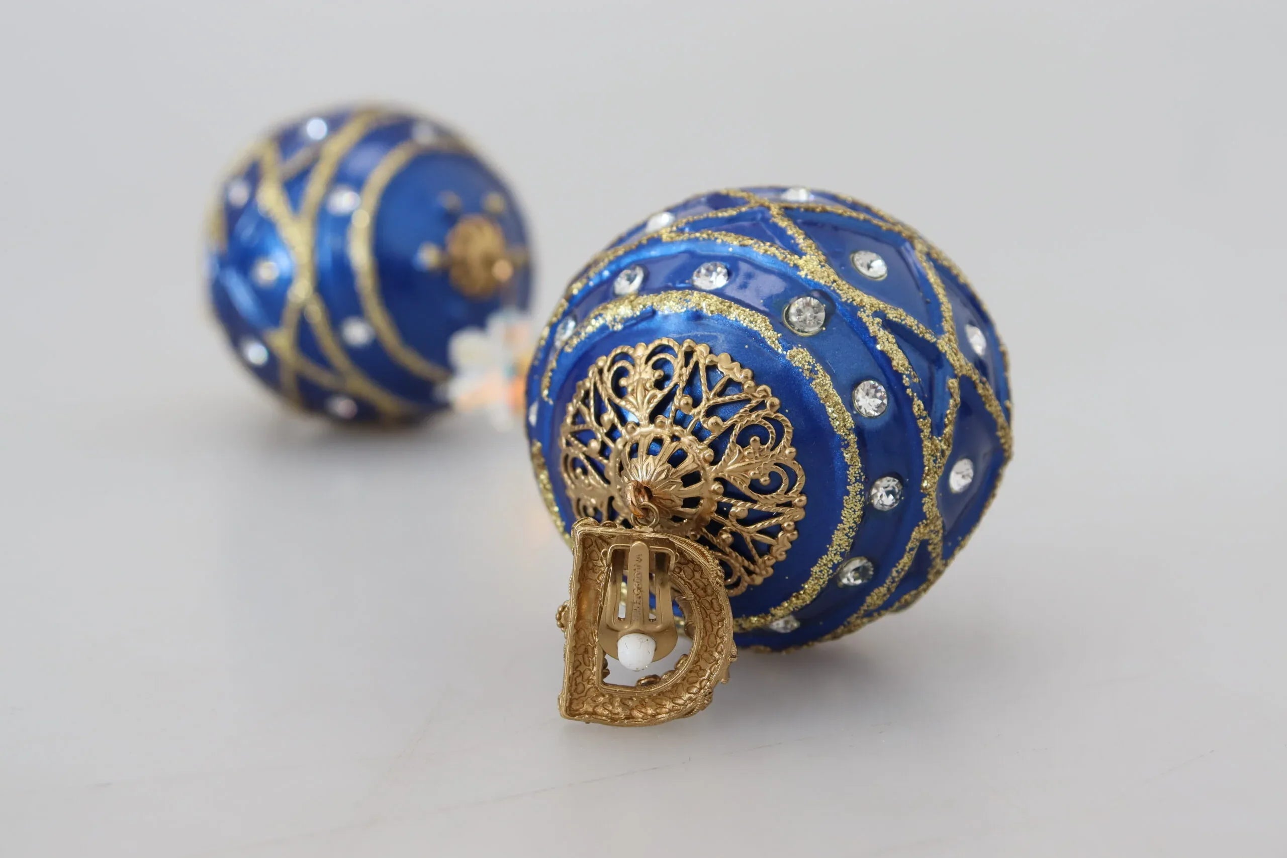 Dolce & Gabbana Gold Brass Blue Dangle Ball Crystal Clip On Earrings - Zeiniez
