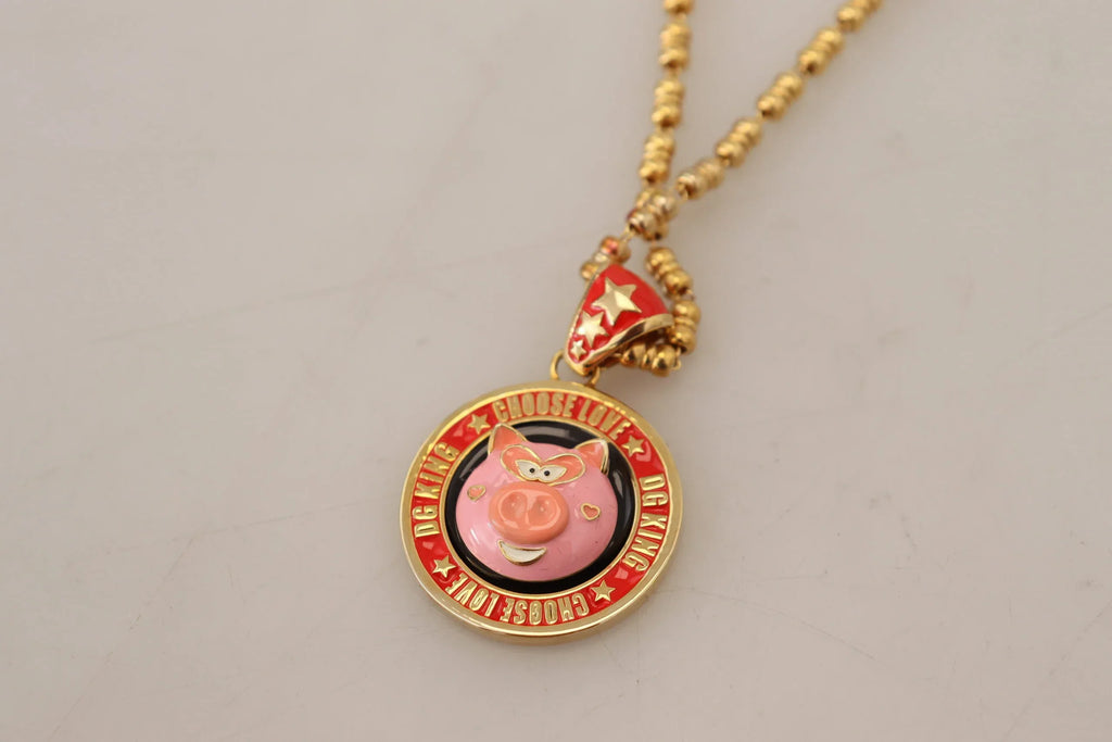 Dolce & Gabbana Gold Brass Chain SUPER PIG Pendant Logo Necklace - Zeiniez