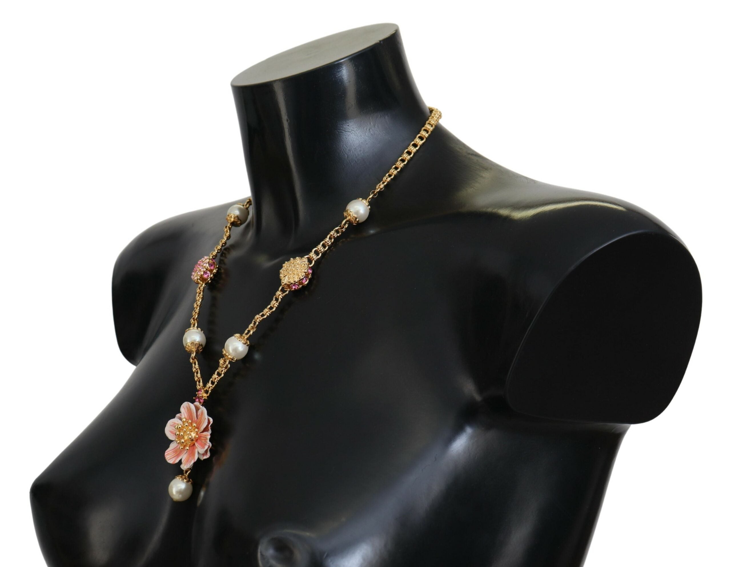 Dolce & Gabbana Gold Tone Floral Crystals Pink Embellished Necklace - Zeiniez