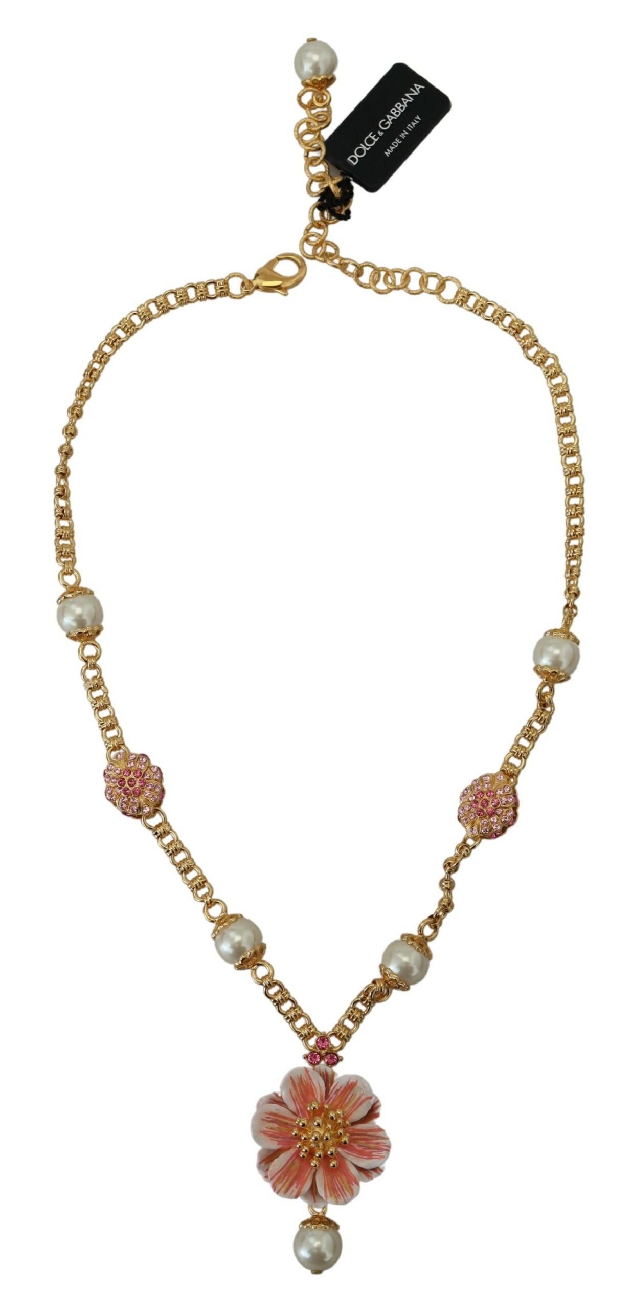 Dolce & Gabbana Gold Tone Floral Crystals Pink Embellished Necklace - Zeiniez