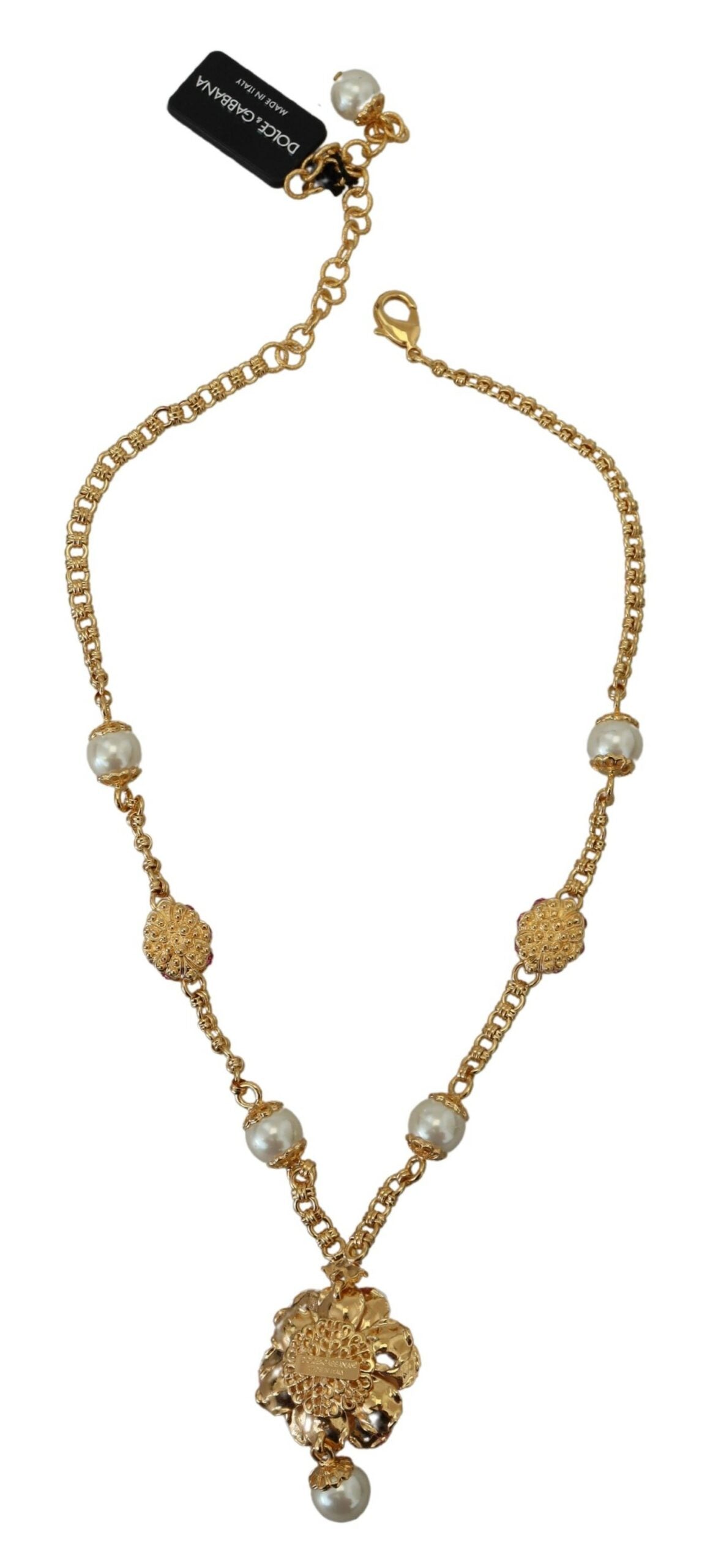 Dolce & Gabbana Gold Tone Floral Crystals Pink Embellished Necklace - Zeiniez