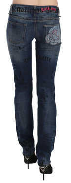 John Galliano Blue Newspaper Print Low Waist Skinny Denim Pants - Zeiniez