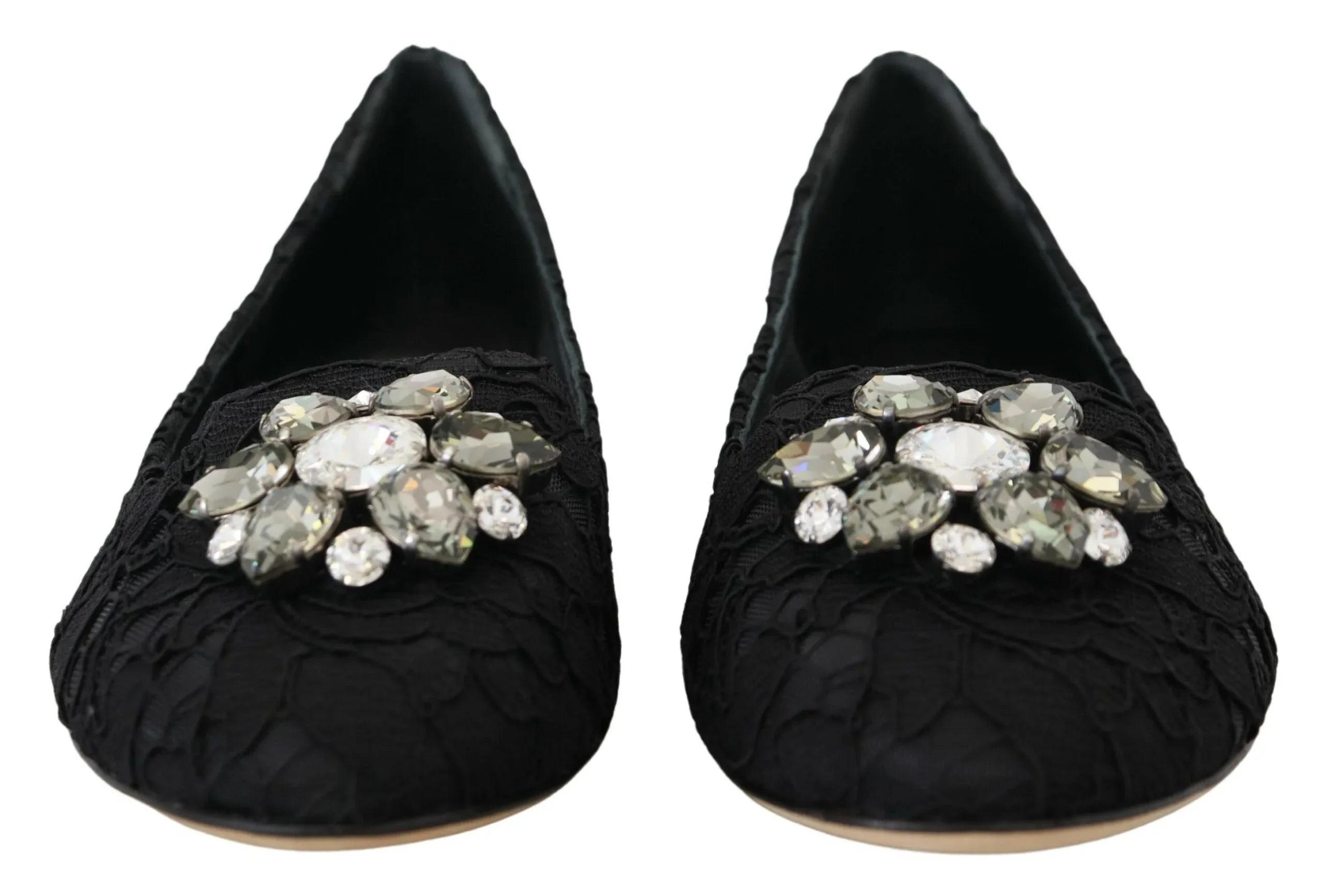 Dolce & Gabbana Black Taormina Lace Crystals Flats Shoes - Zeiniez