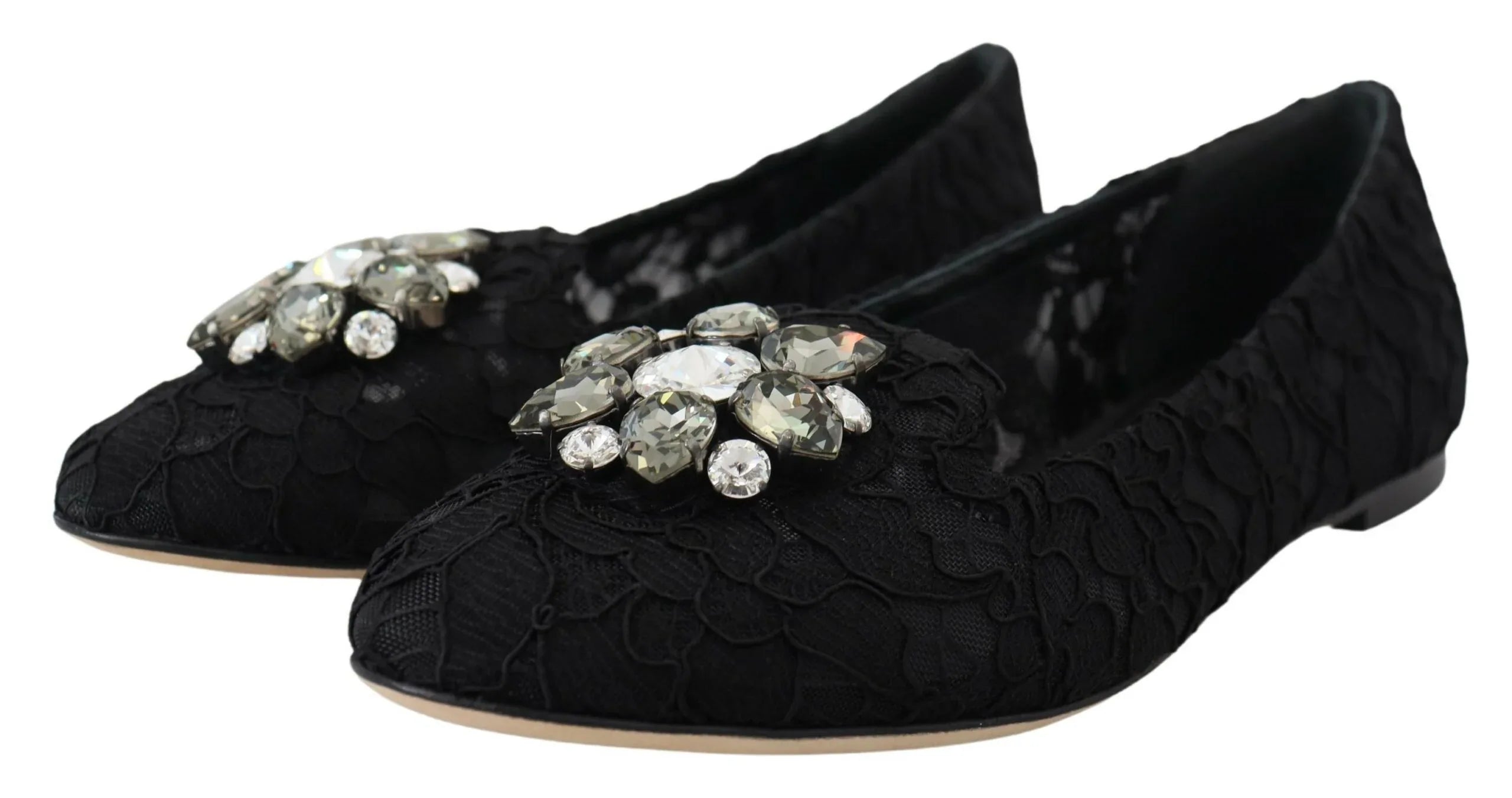 Dolce & Gabbana Black Taormina Lace Crystals Flats Shoes - Zeiniez