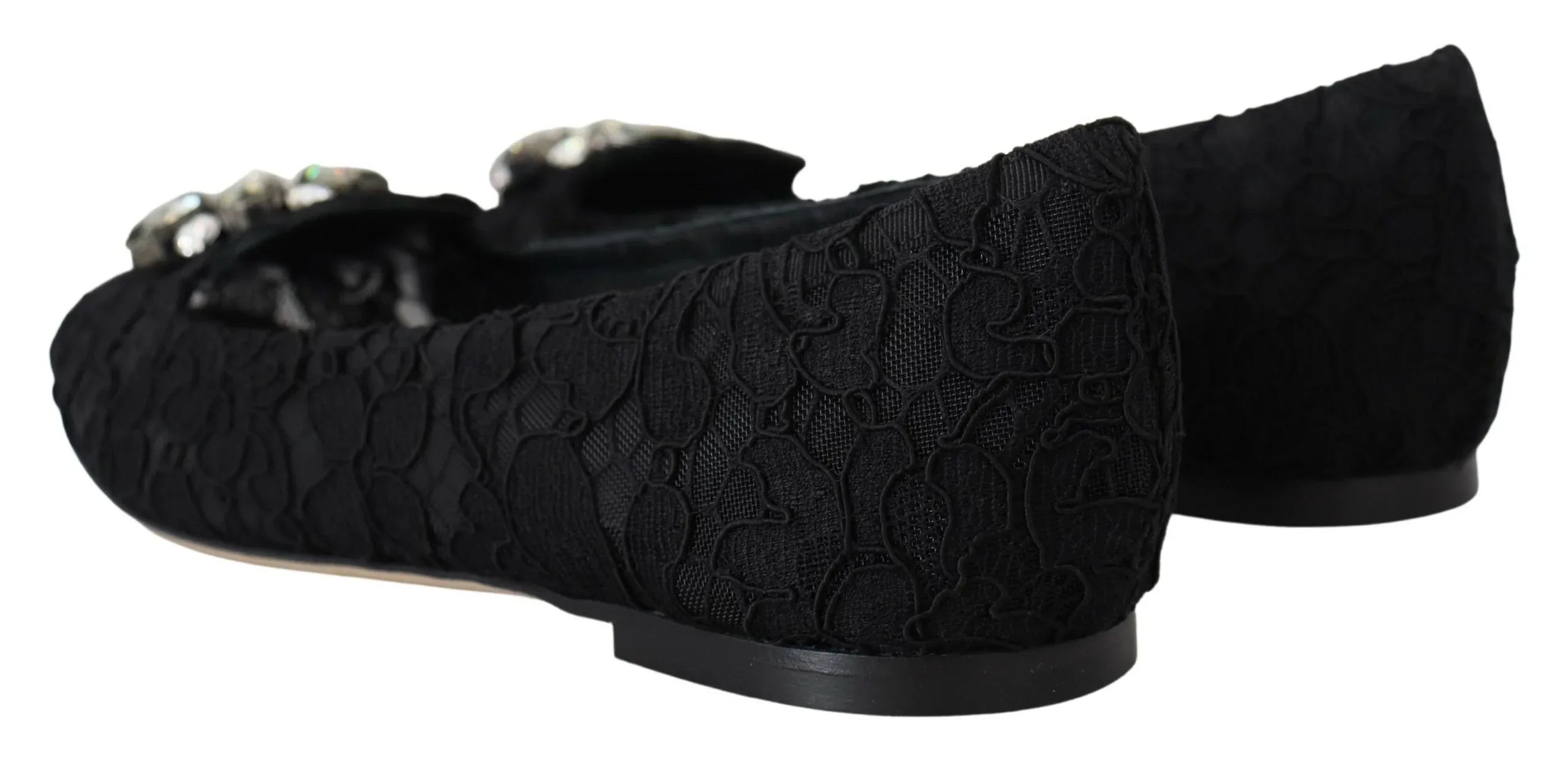 Dolce & Gabbana Black Taormina Lace Crystals Flats Shoes - Zeiniez