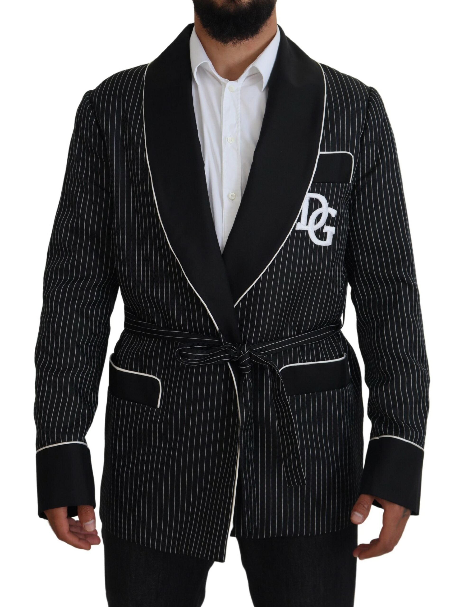 Dolce & Gabbana Black Robe Striped DG Patch Jacket Men Blazer - Zeiniez