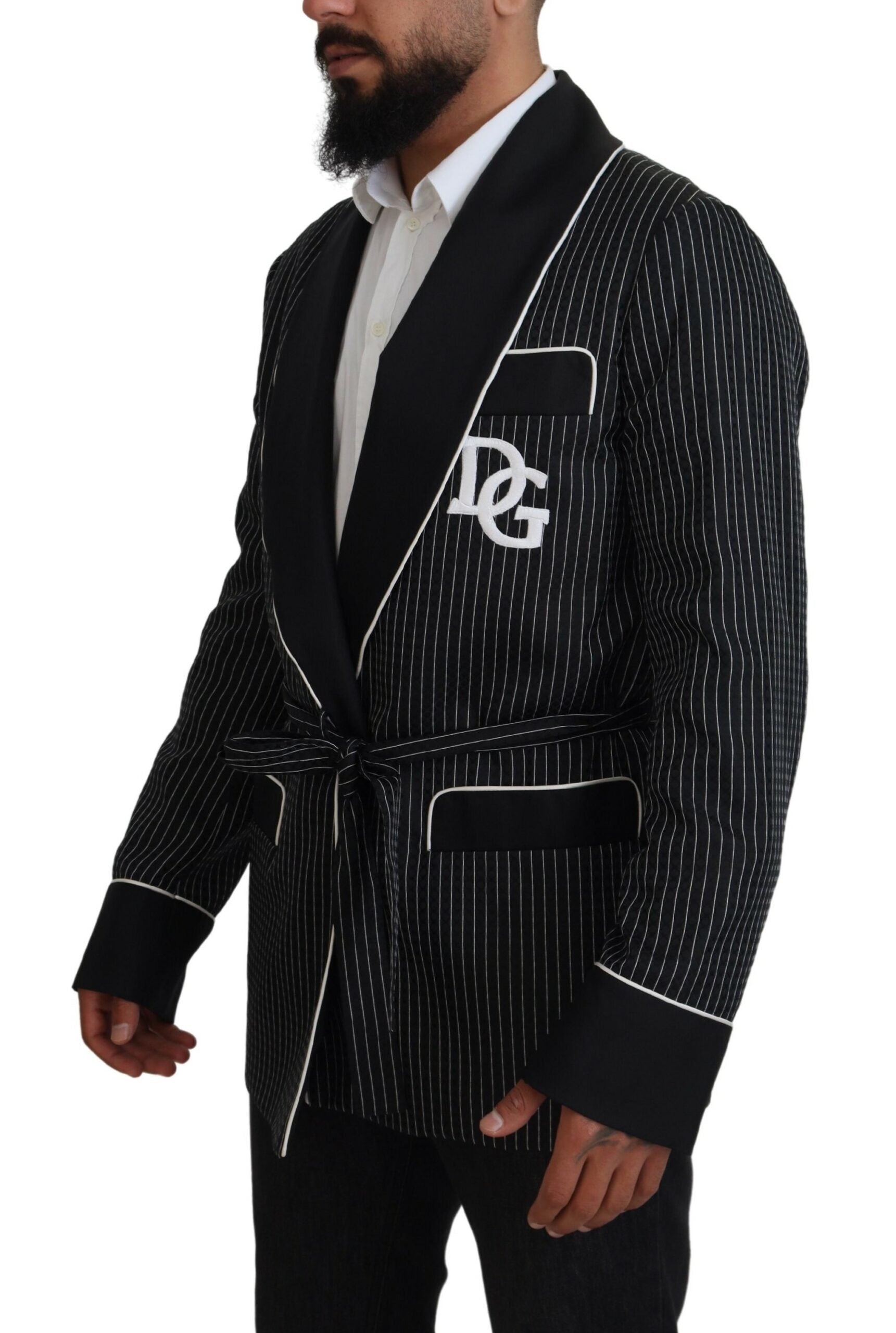Dolce & Gabbana Black Robe Striped DG Patch Jacket Men Blazer - Zeiniez