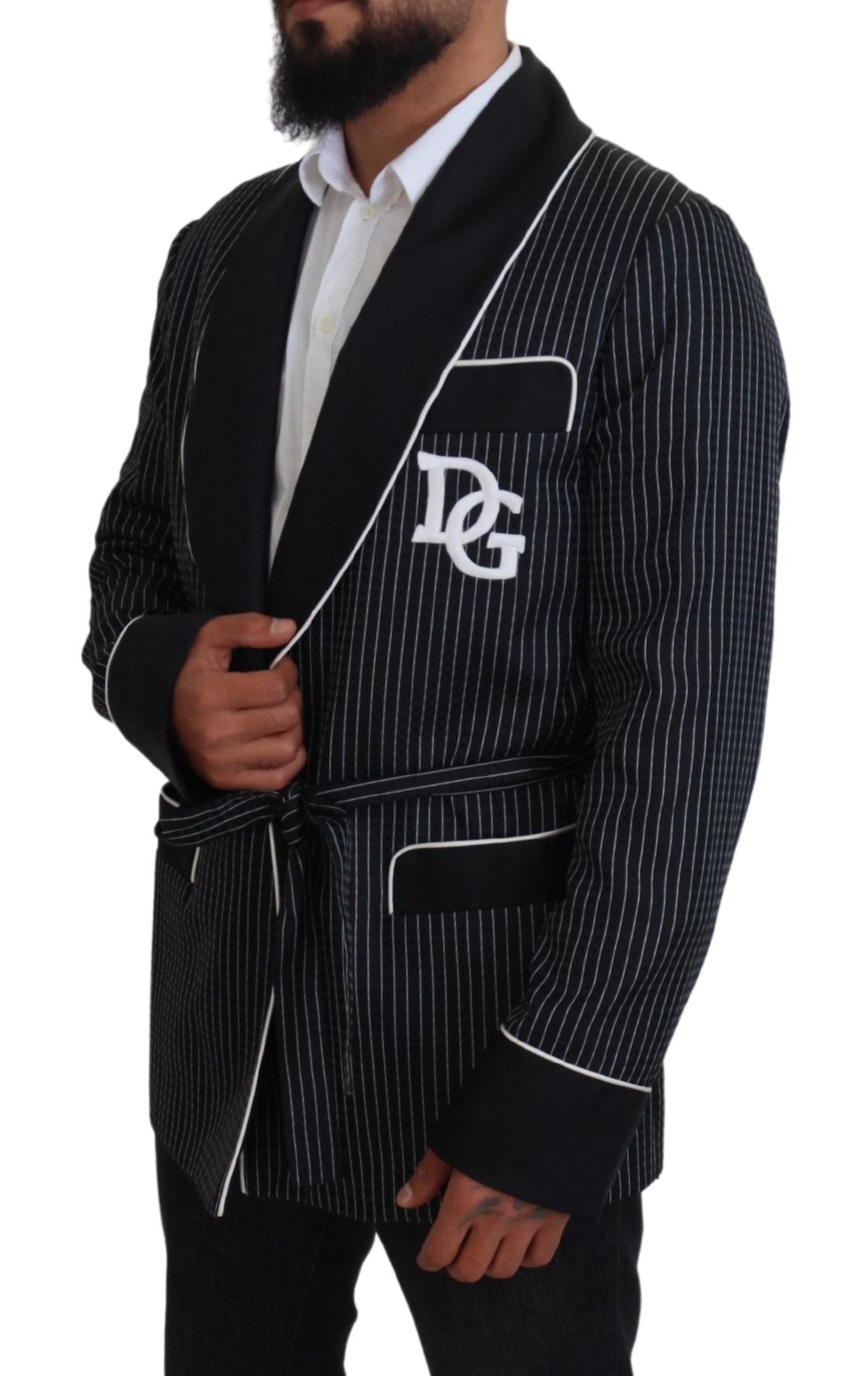 Dolce & Gabbana Black Robe Striped DG Patch Jacket Men Blazer - Zeiniez