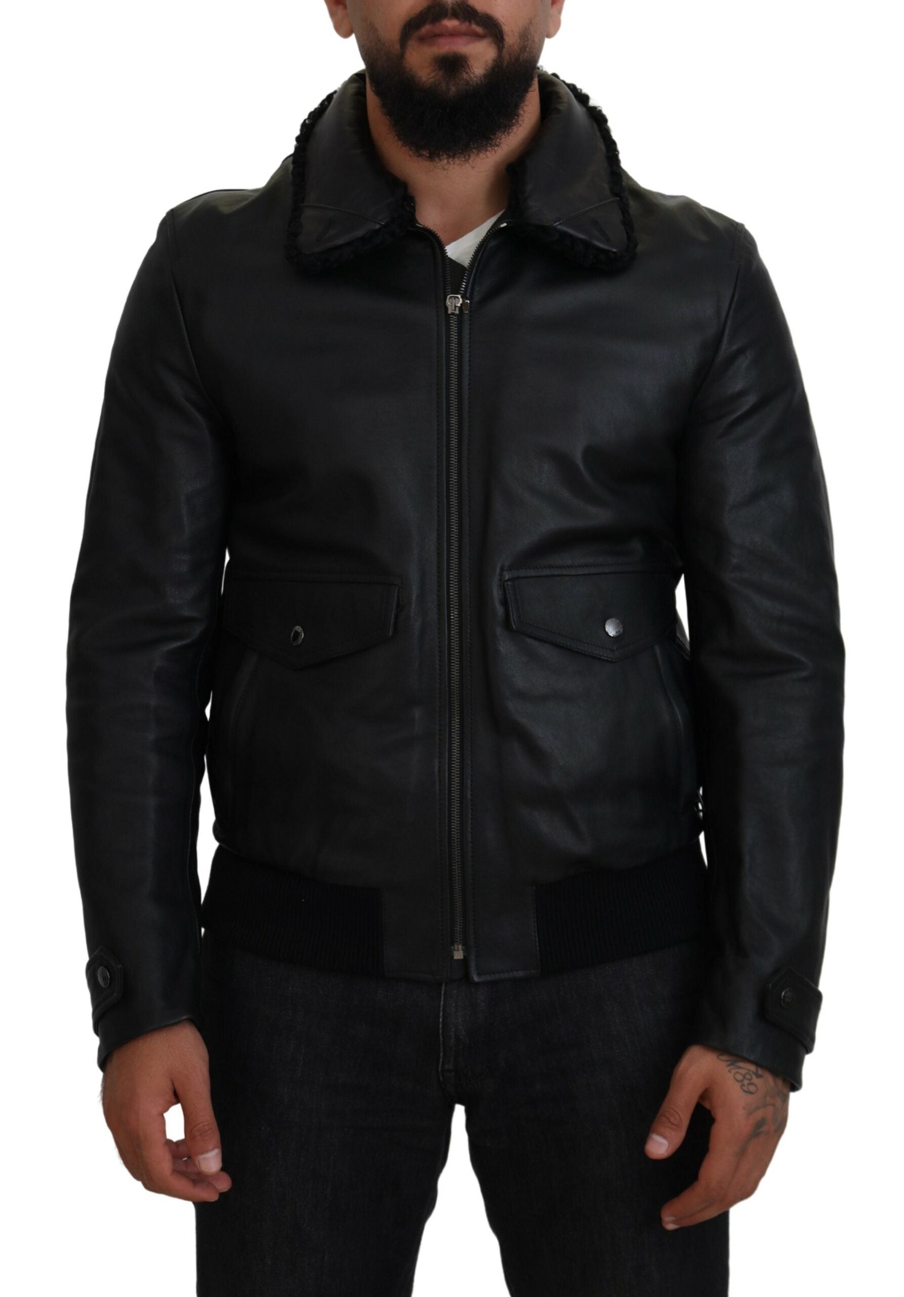 Dolce & Gabbana Black Lamb Leather Collared Men Coat Jacket - Zeiniez