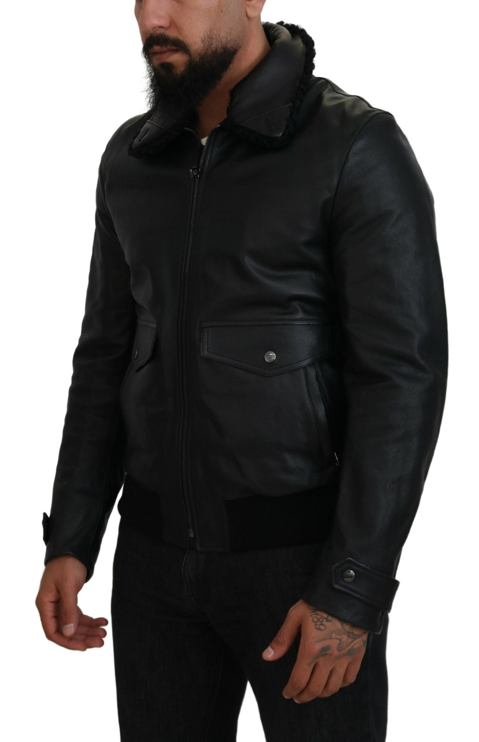 Dolce & Gabbana Black Lamb Leather Collared Men Coat Jacket - Zeiniez