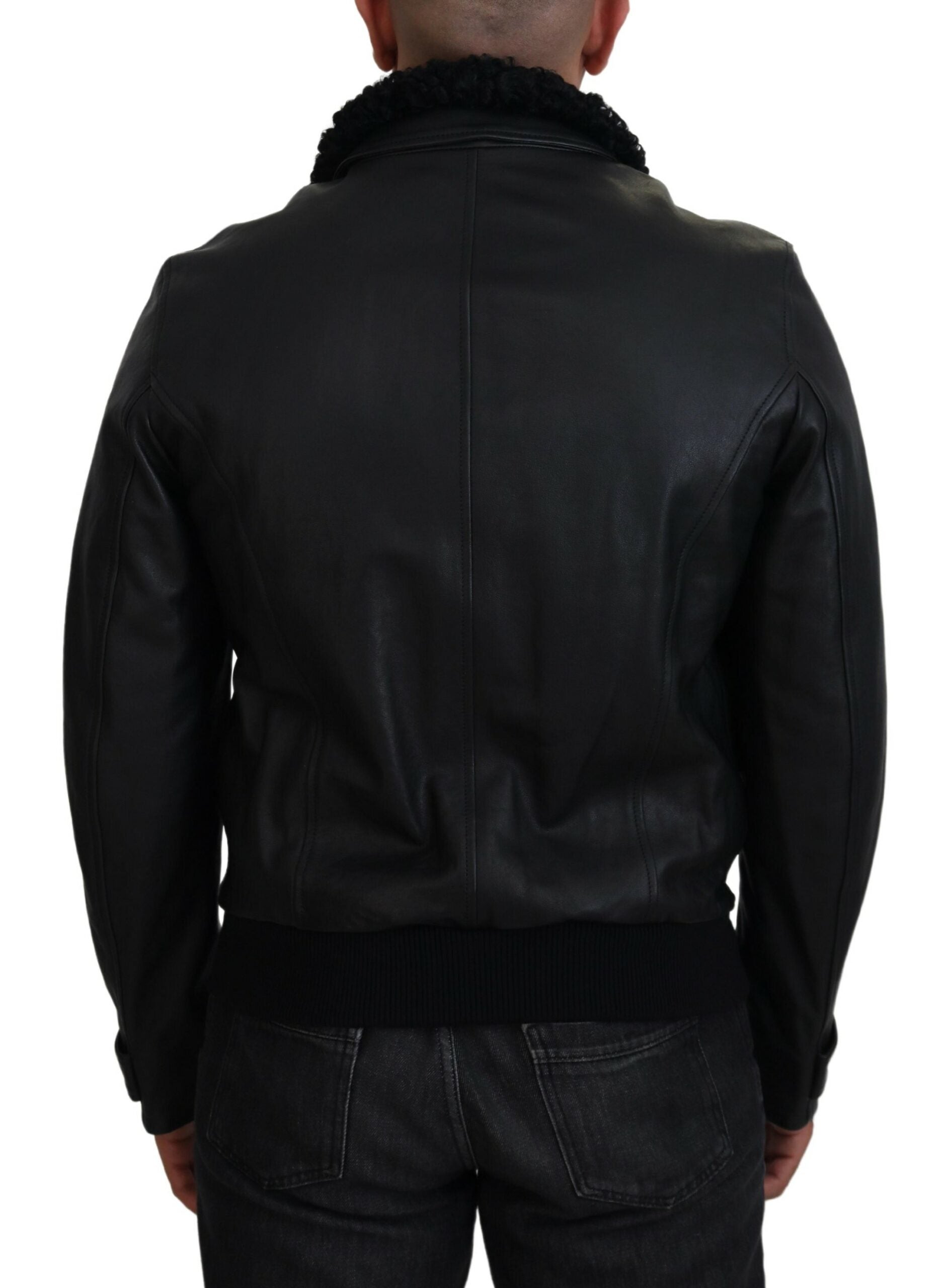Dolce & Gabbana Black Lamb Leather Collared Men Coat Jacket - Zeiniez
