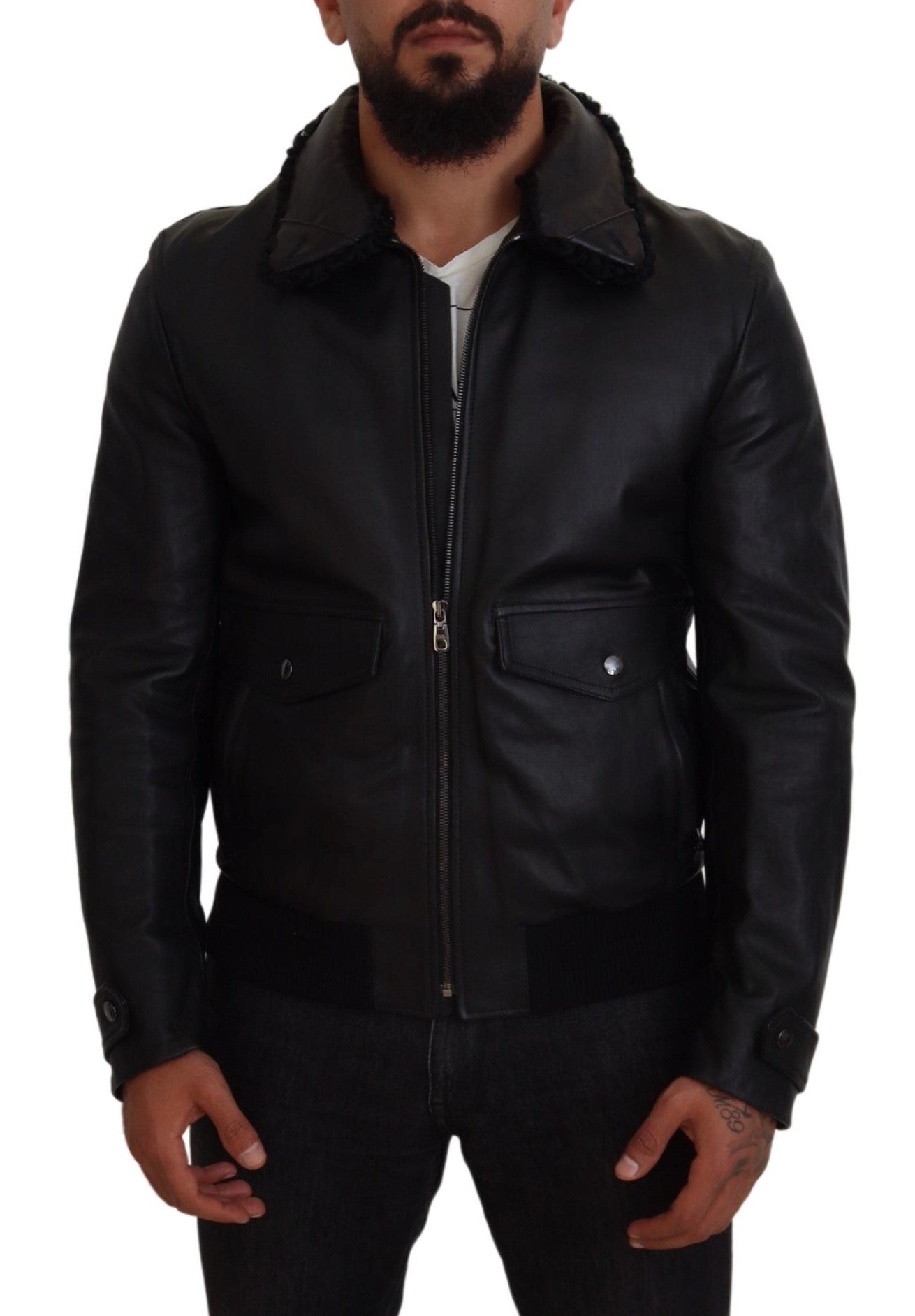 Dolce & Gabbana Black Lamb Leather Collared Men Coat Jacket - Zeiniez