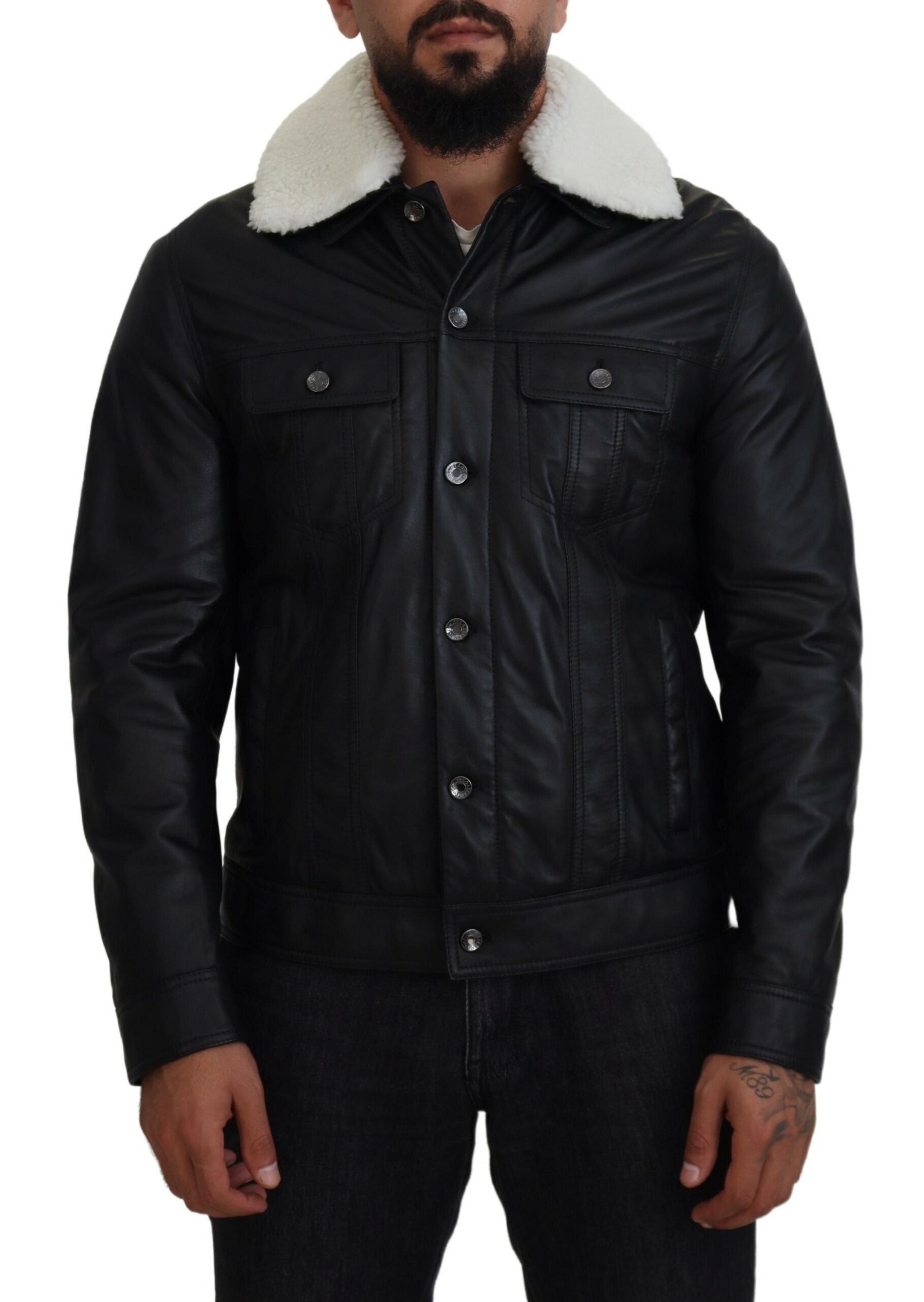 Dolce & Gabbana Black Lamb Leather Collared Men Coat Jacket - Zeiniez